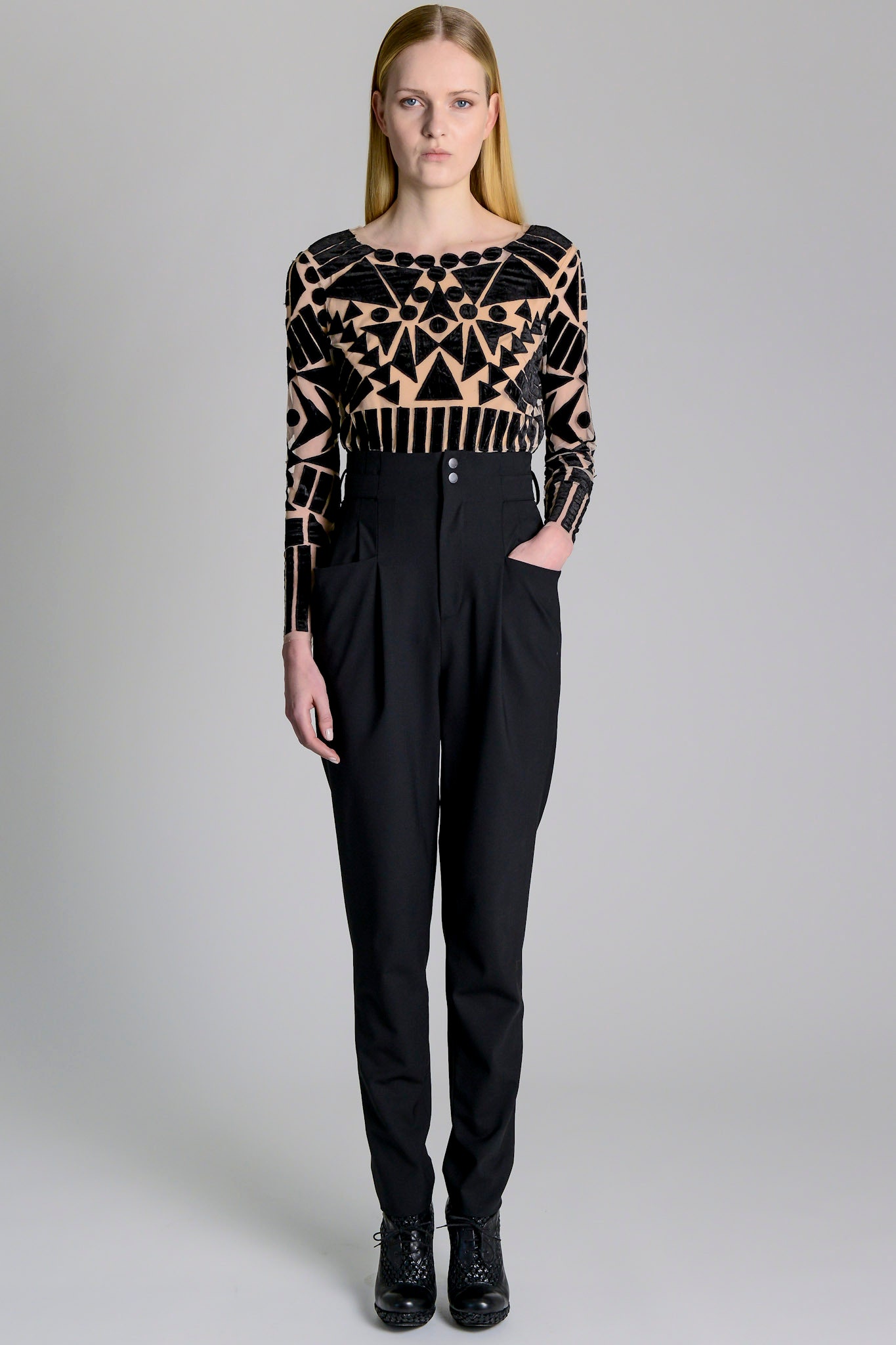 sheer geometric appliqué mesh top