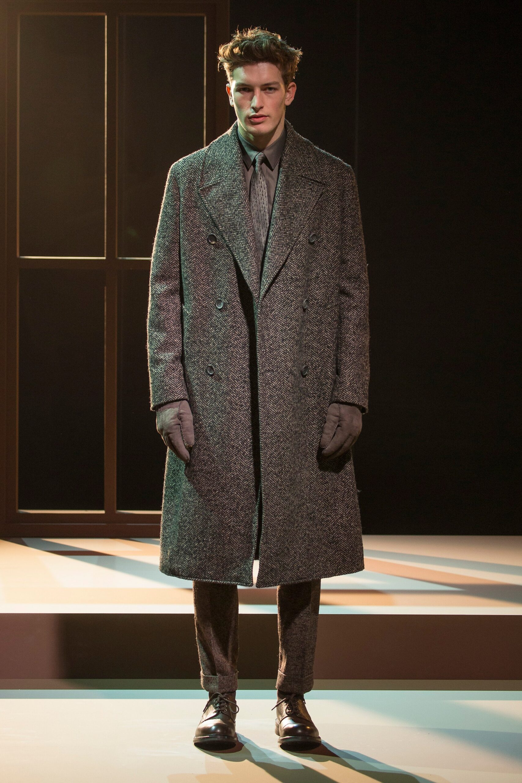 gray herringbone tweed overcoat