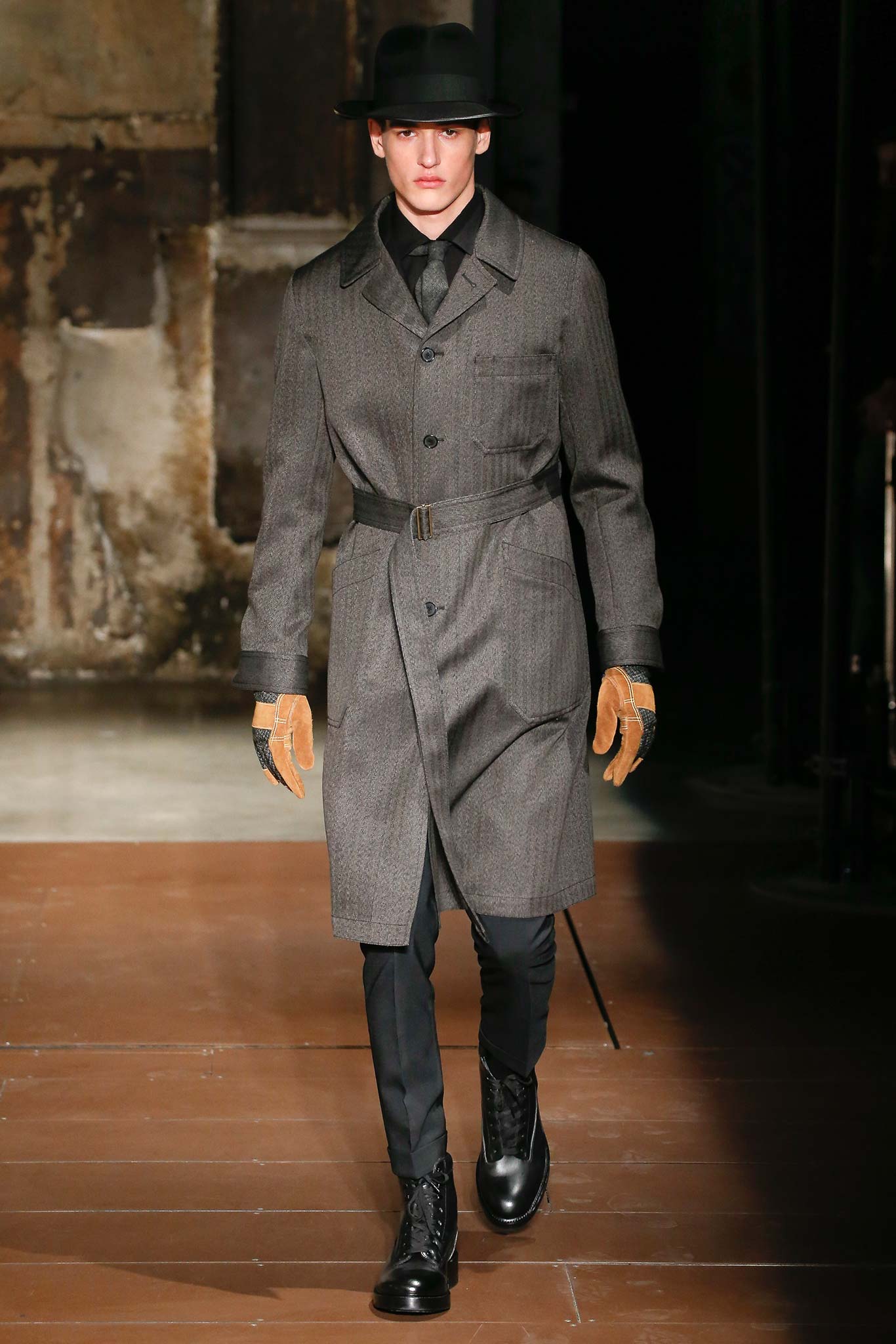 belted gray wool overcoat