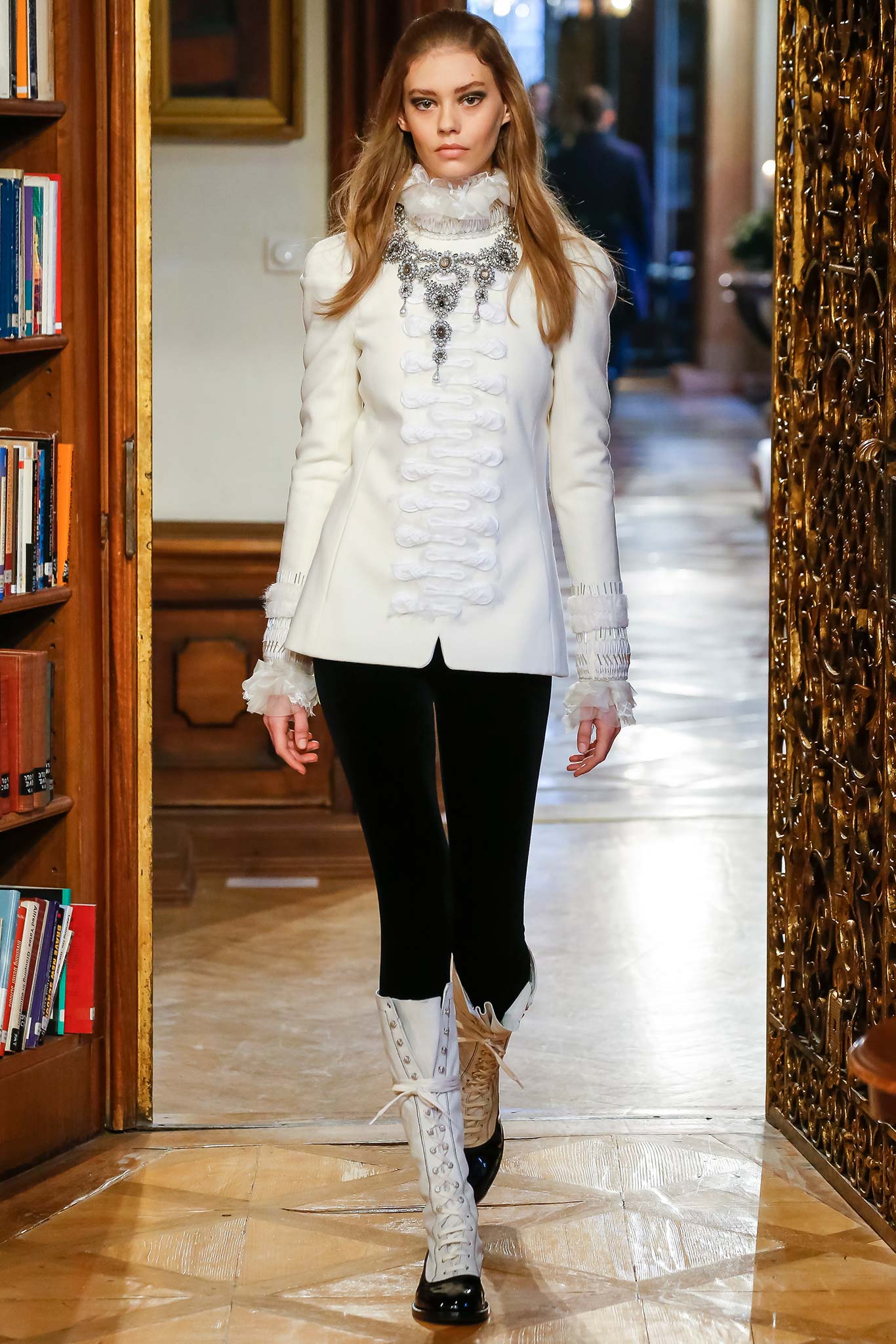 white chiffon high-neck long-sleeve ruffled sheer flowing blouse