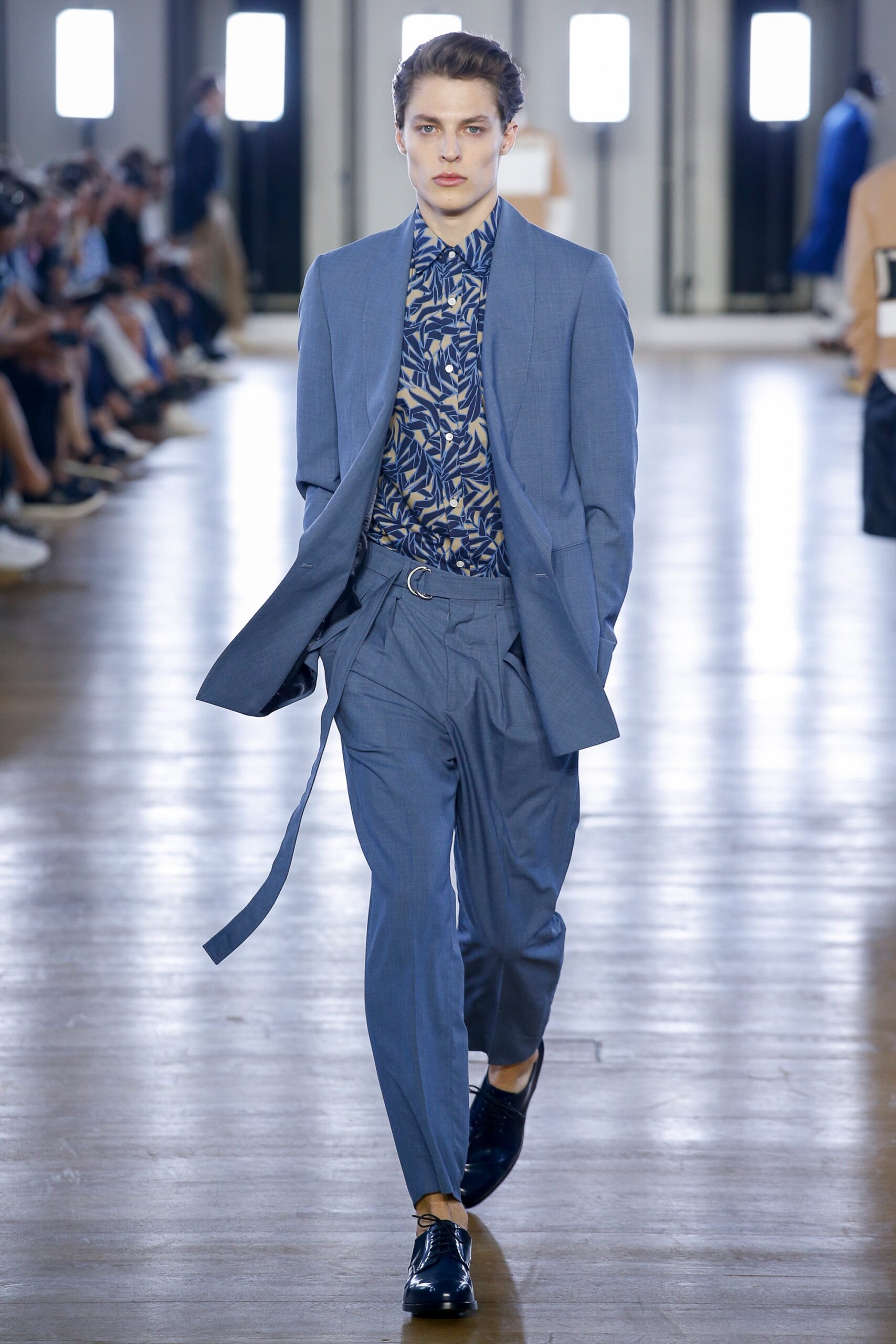 blue printed shirt with leaf motif