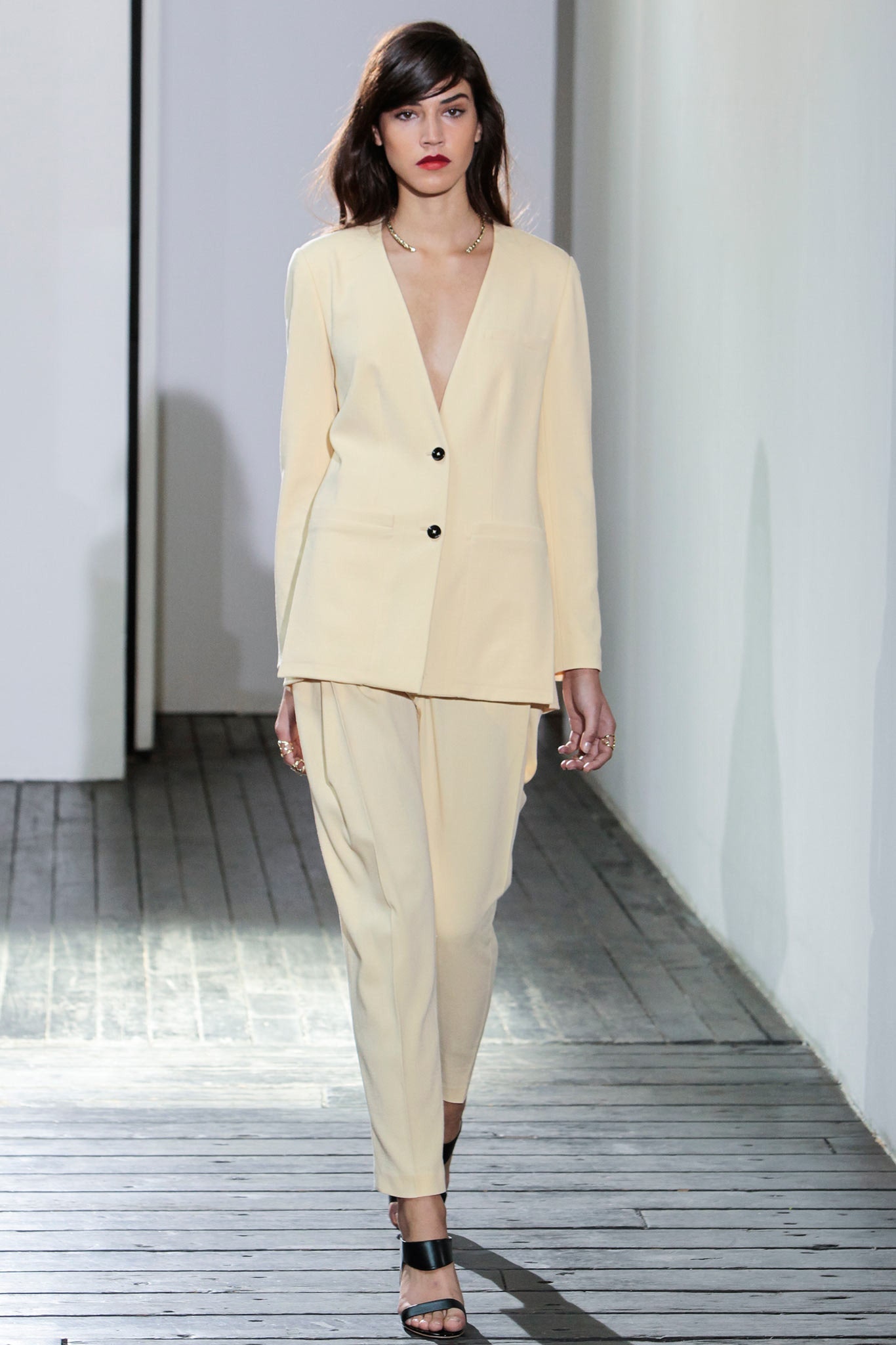 ivory collarless deep V blazer