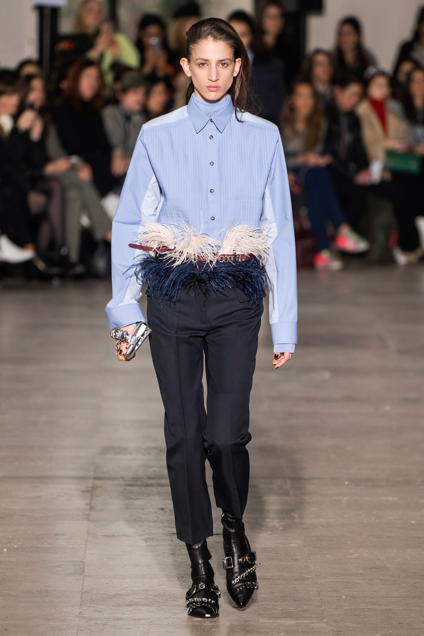 feather-trim blue button-front shirt
