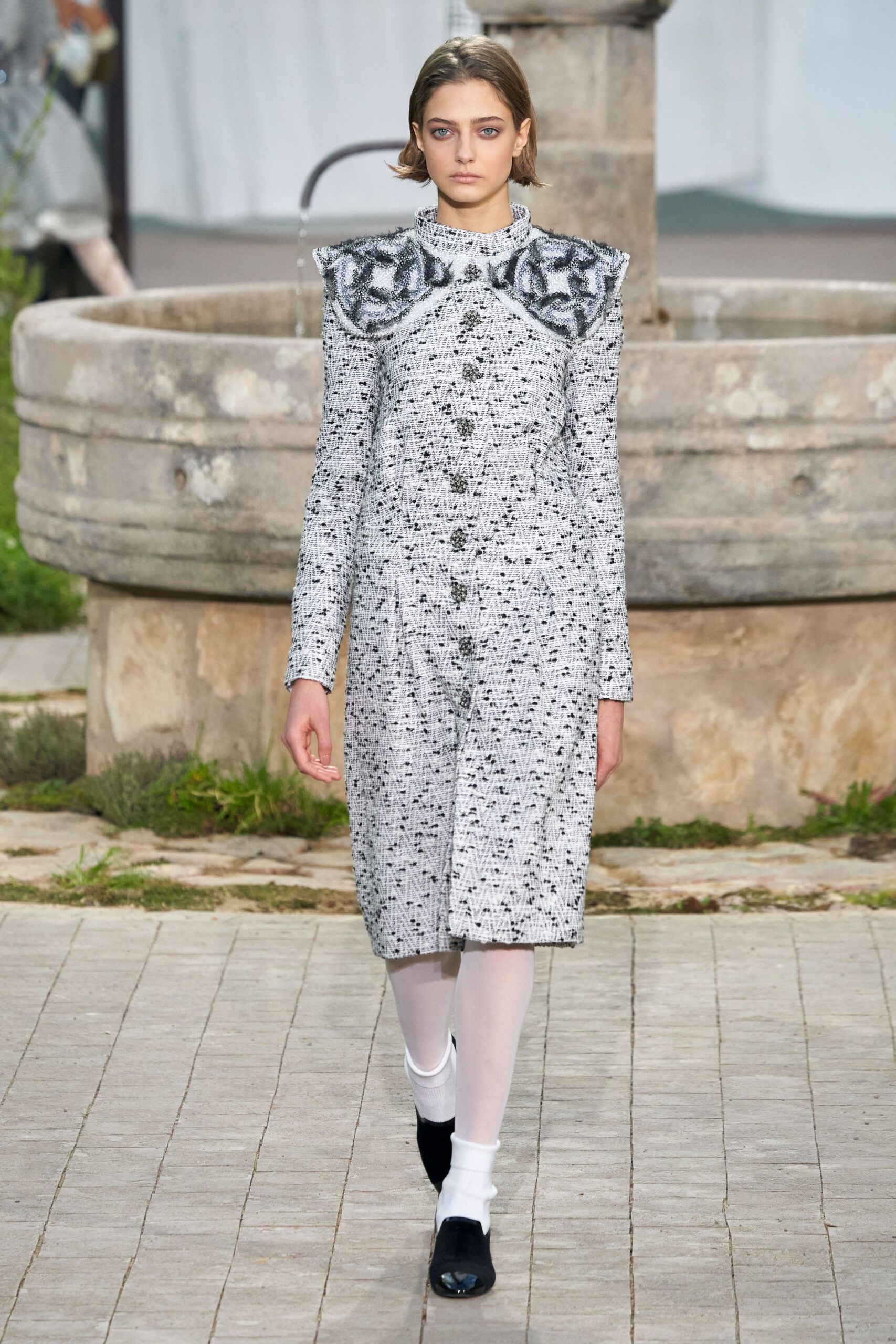 white tweed long-sleeve high-neck structured printed embellished midi-dress