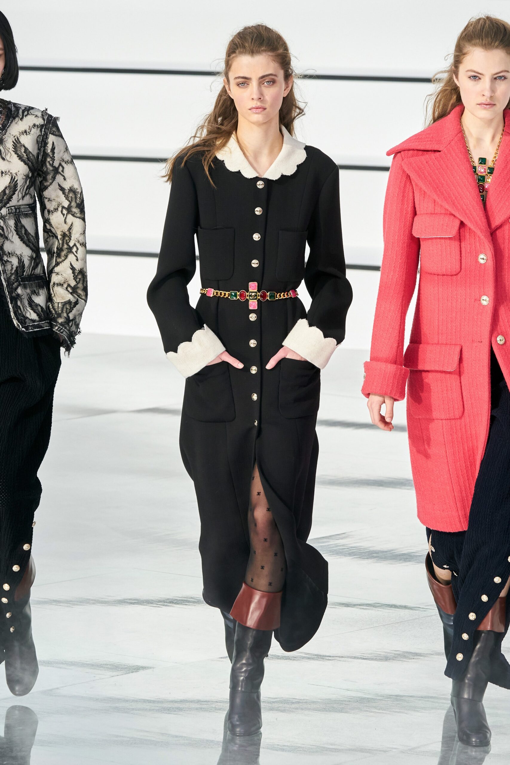 black unknown long-sleeve collared tailored buttoned pockets maxi-dress