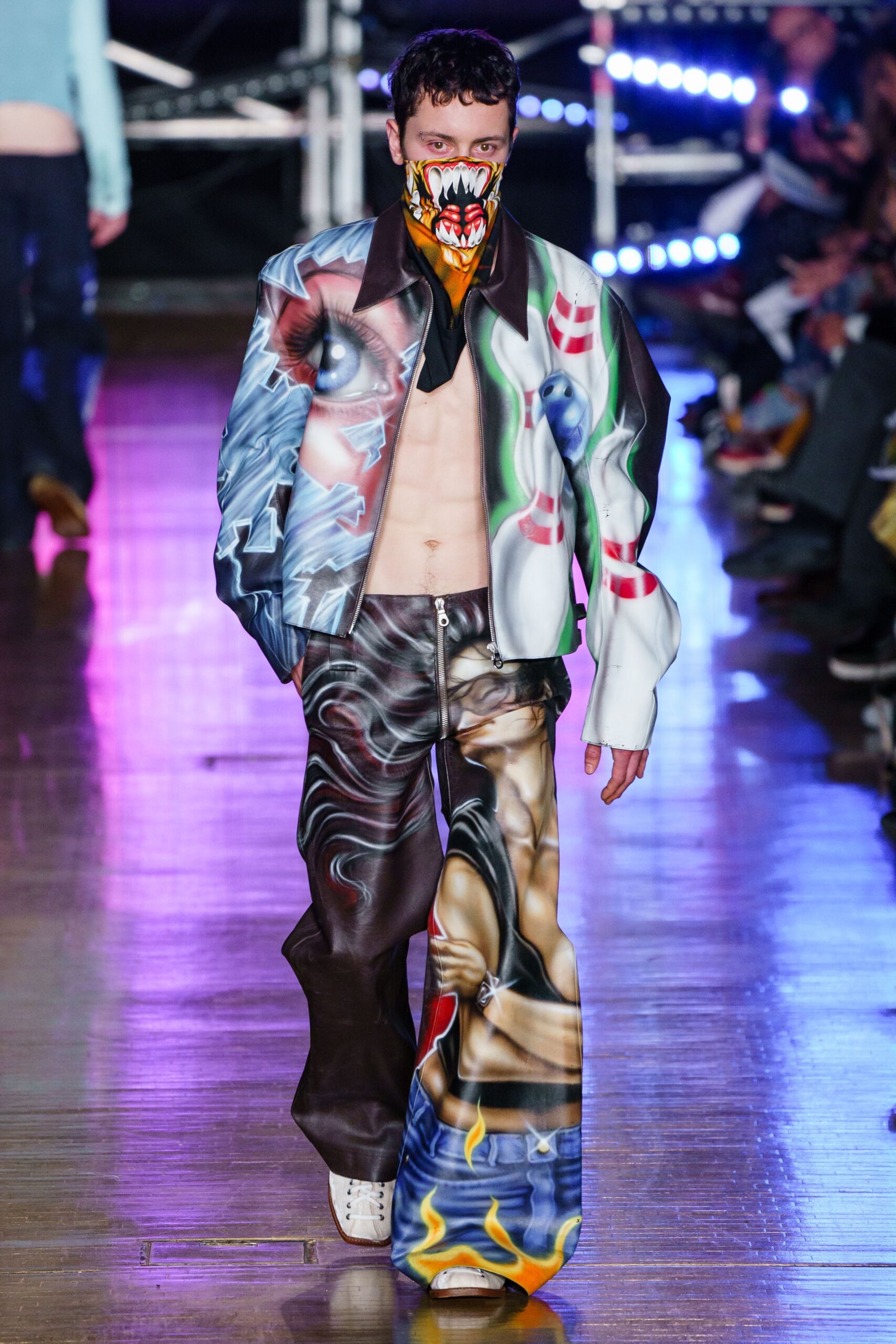multi leather long-sleeve collared relaxed zippered printed jacket