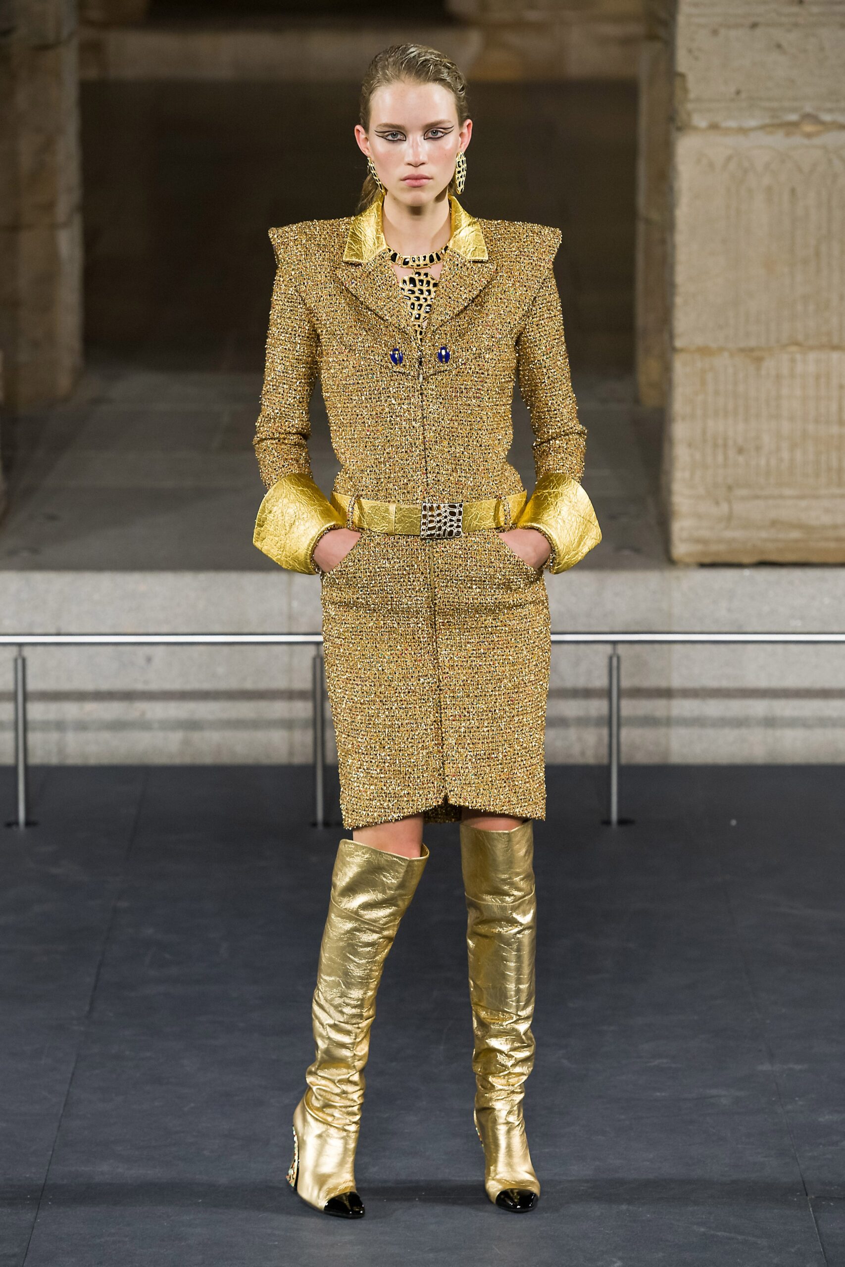 gold tweed long-sleeve collared tailored belted buttoned midi-dress