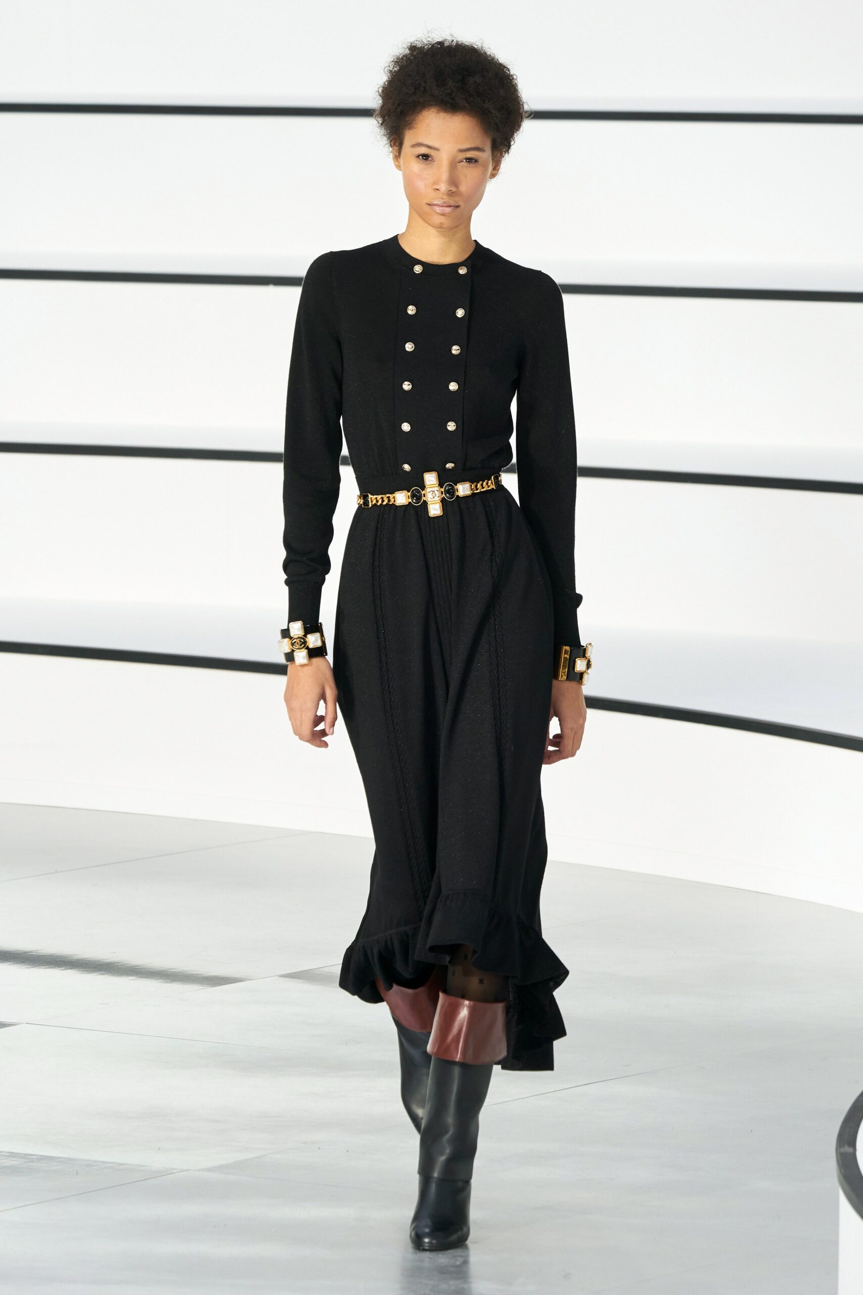 black knit long-sleeve high-neck fitted buttoned ruffled maxi-dress
