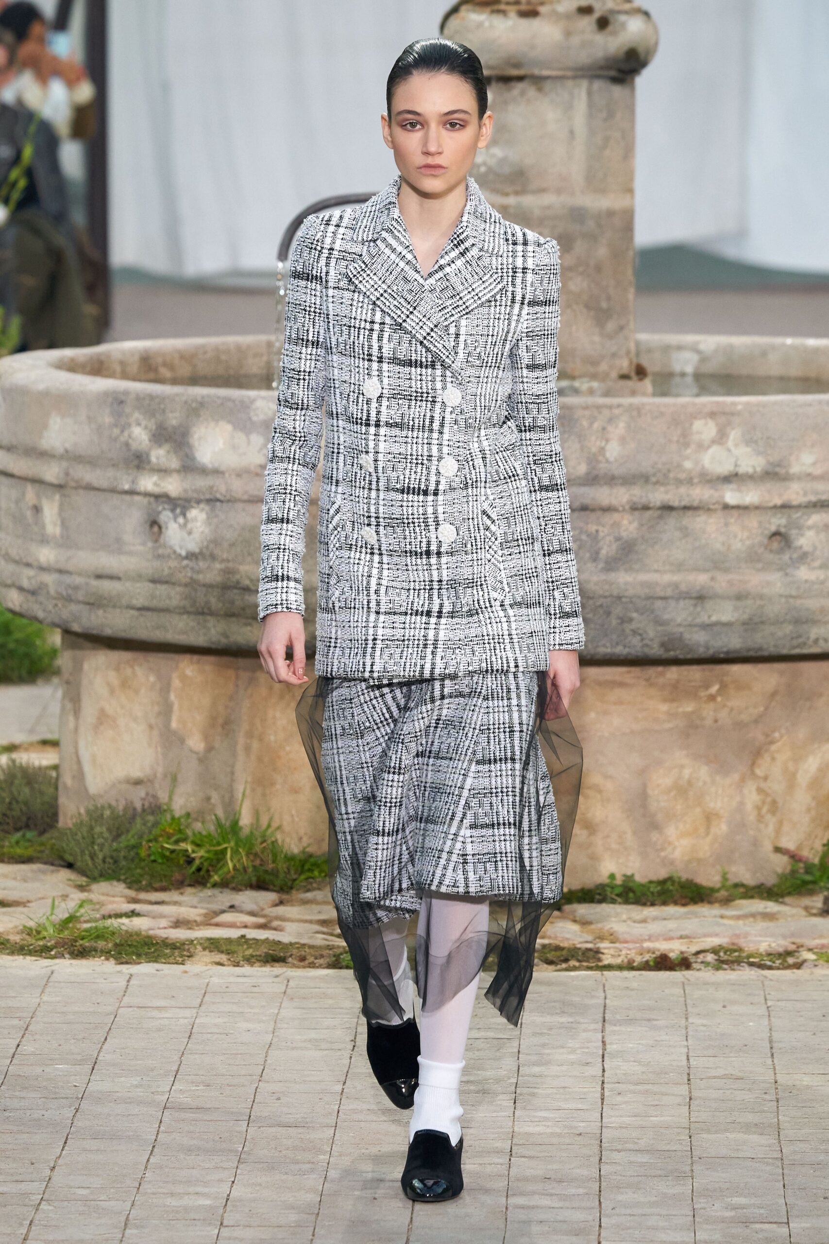 white tweed checked layered sheer textured midi skirt