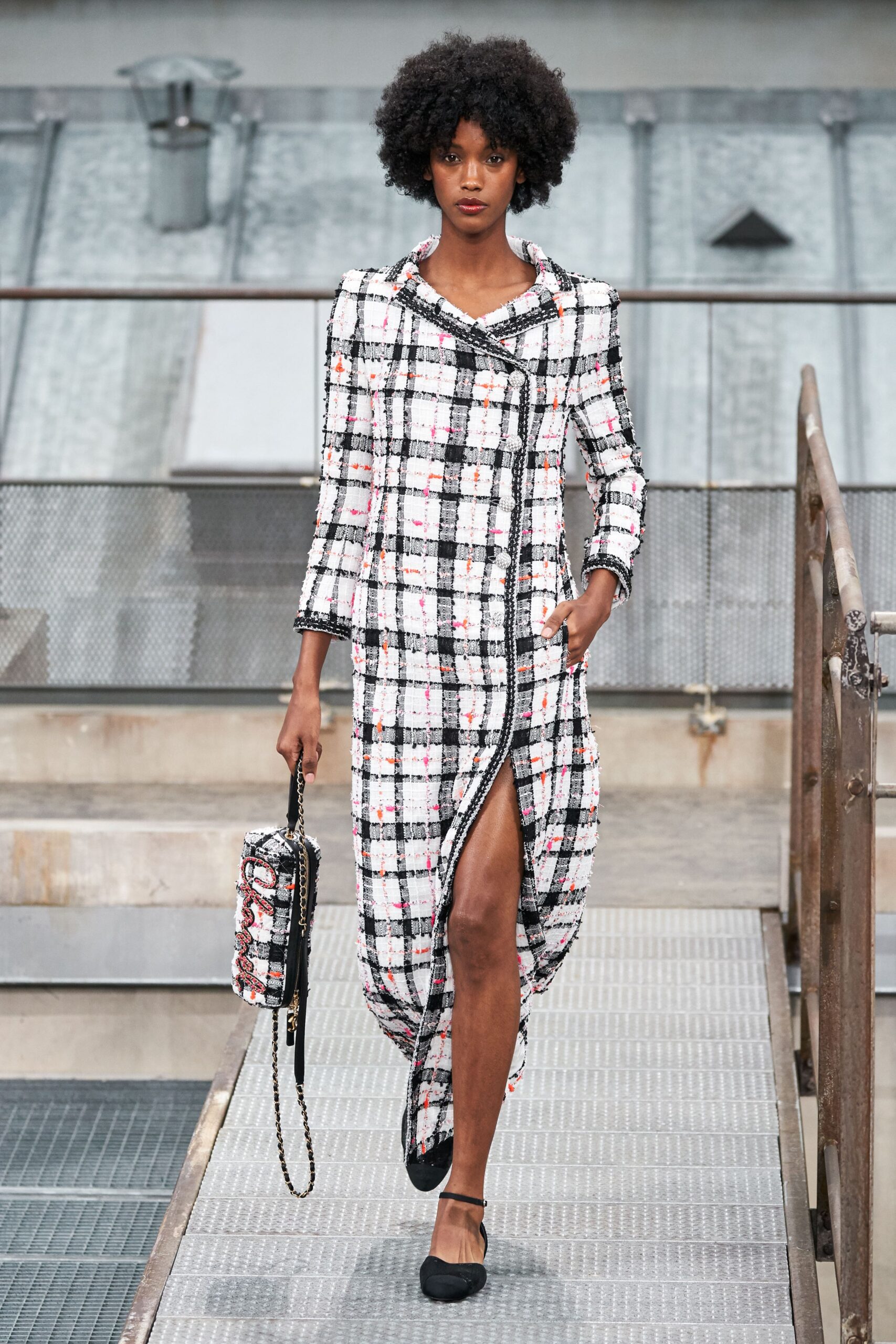 white tweed long-sleeve collared tailored checked buttoned maxi-dress