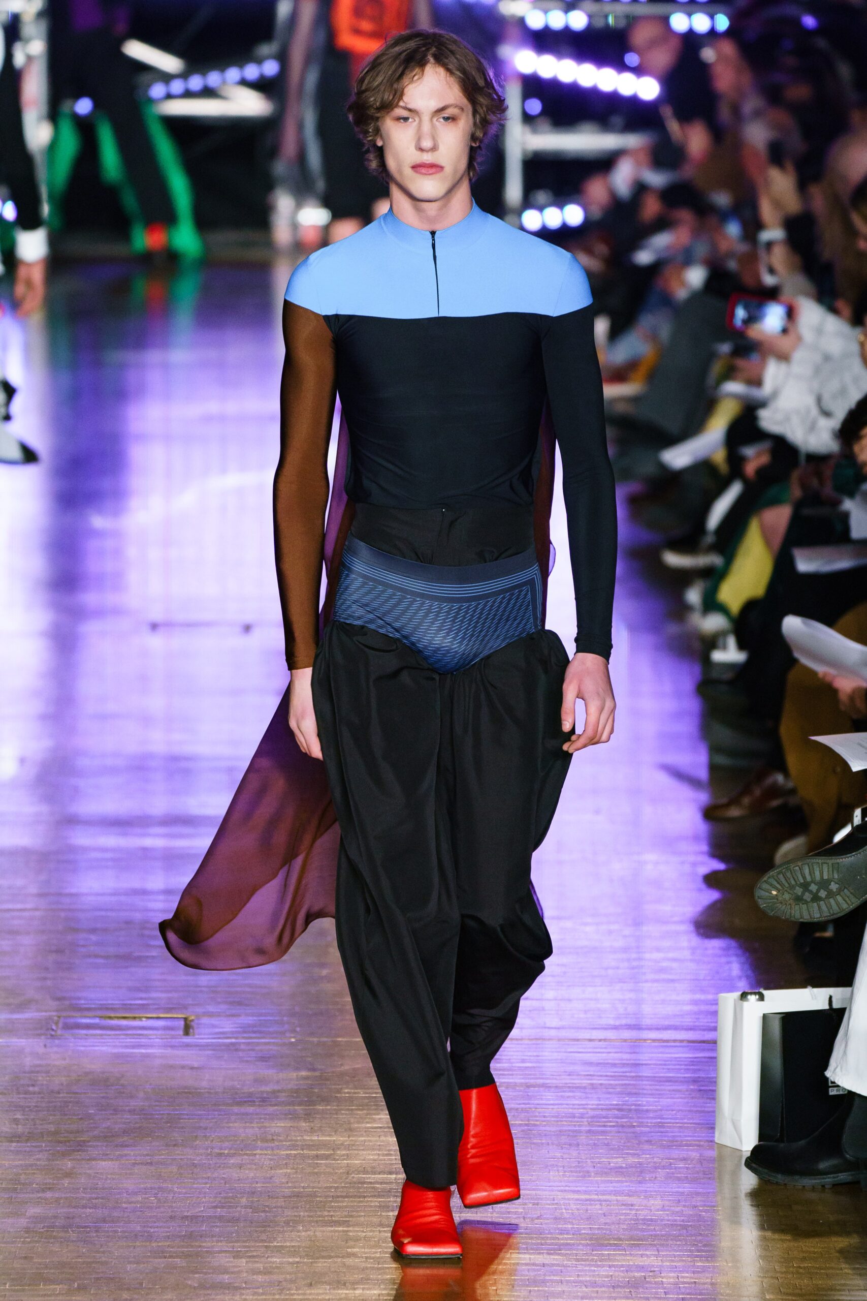 black mesh long-sleeve high-neck fitted zippered color-blocked bodysuit