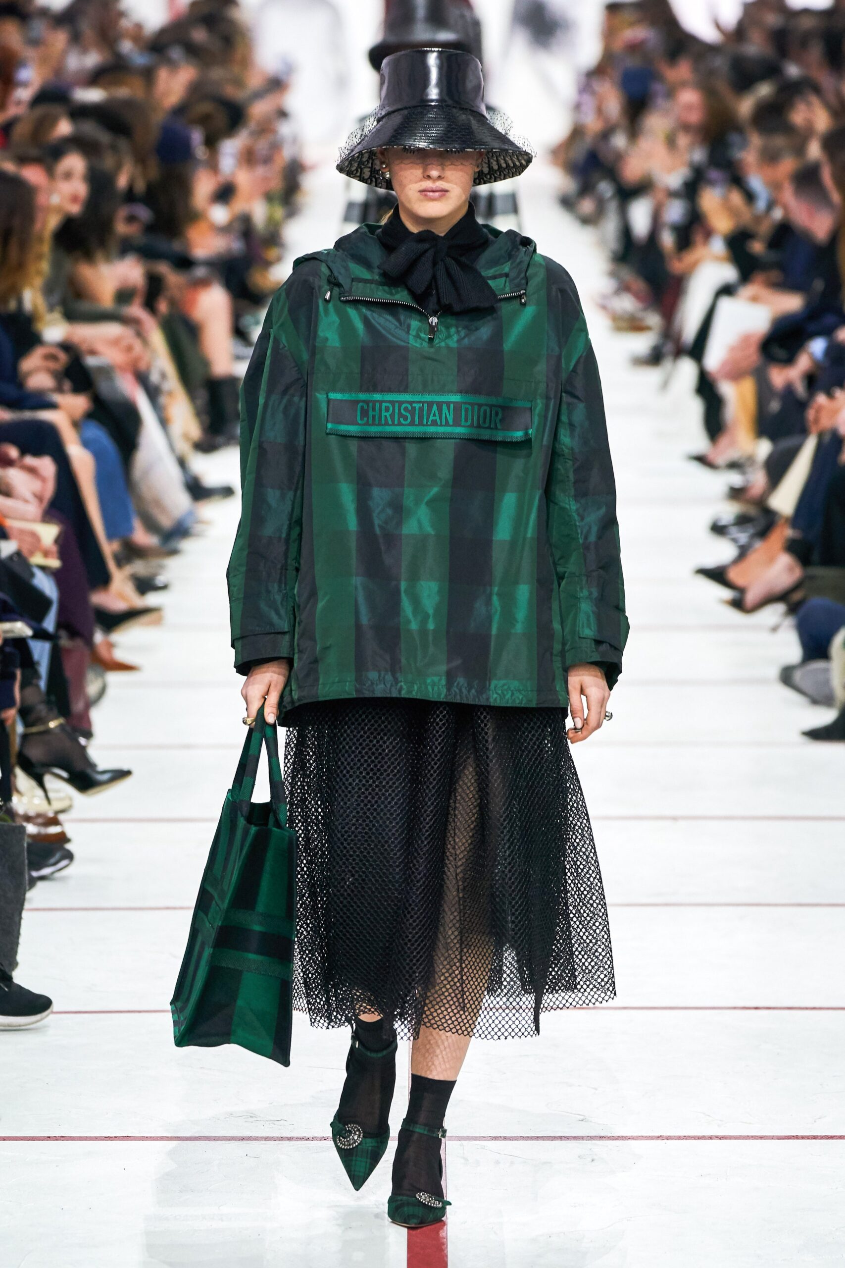 green nylon long-sleeve hooded oversized checked pockets parka