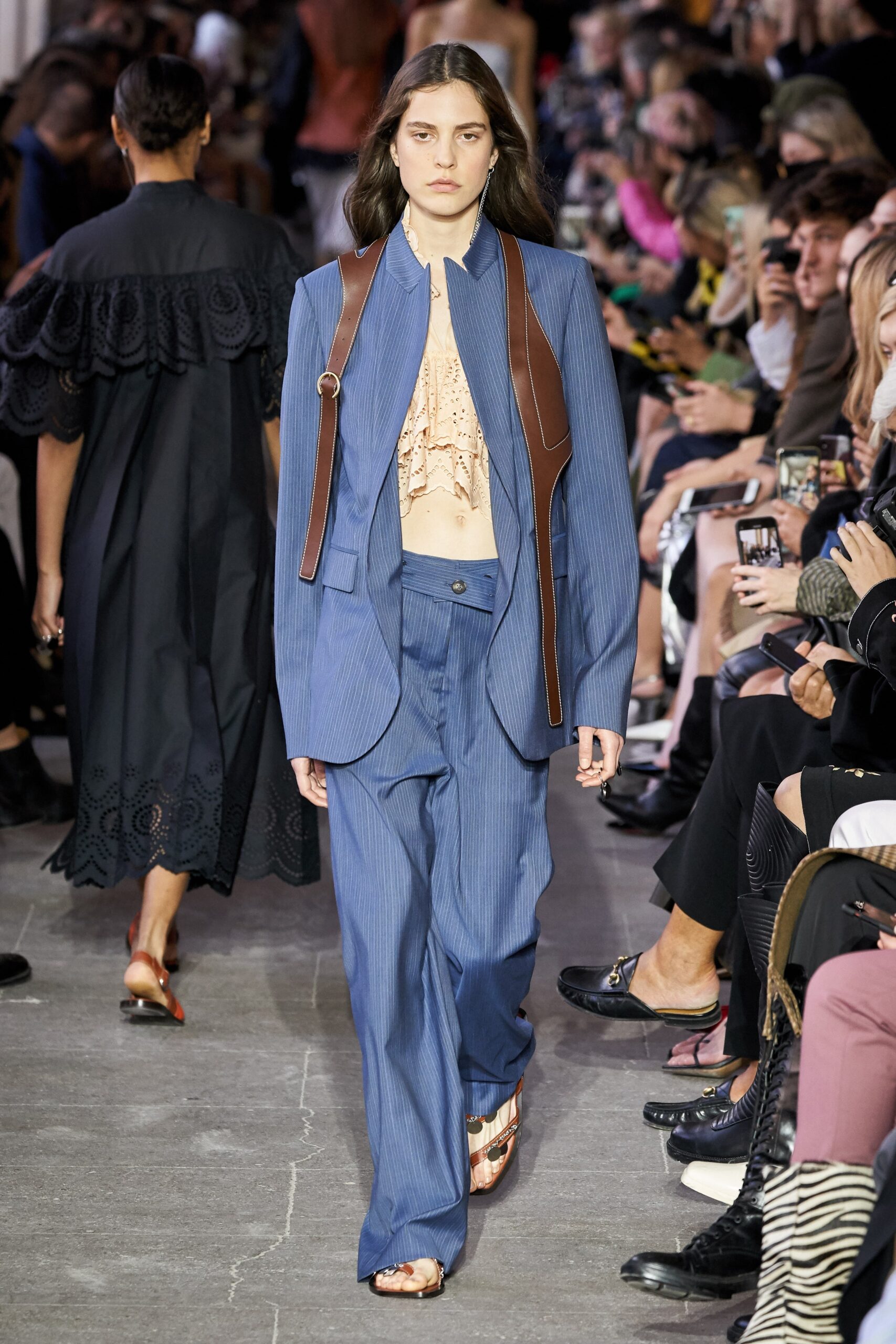 blue unknown pinstriped wide-leg pants
