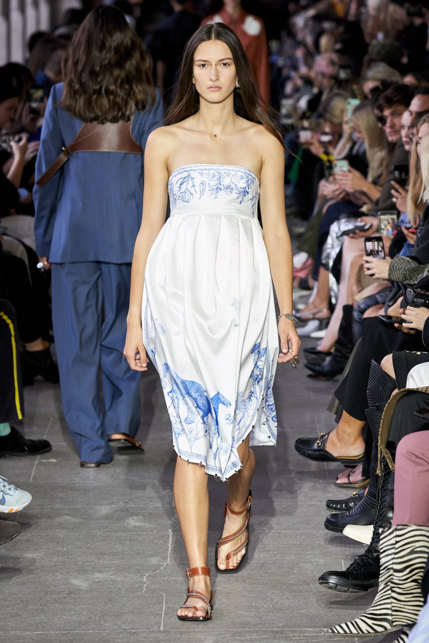 blue and white strapless printed dress