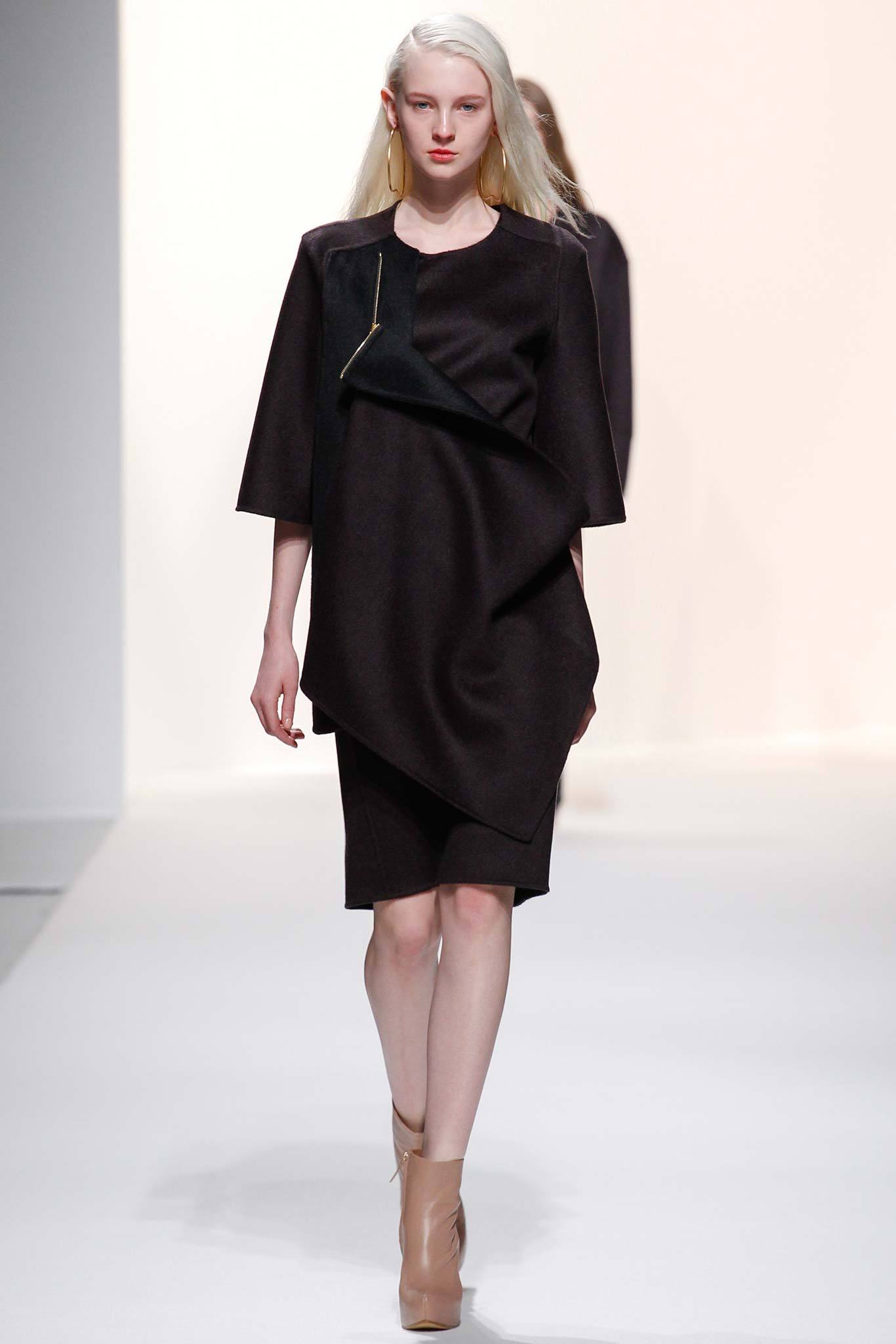 asymmetric draped black midi dress