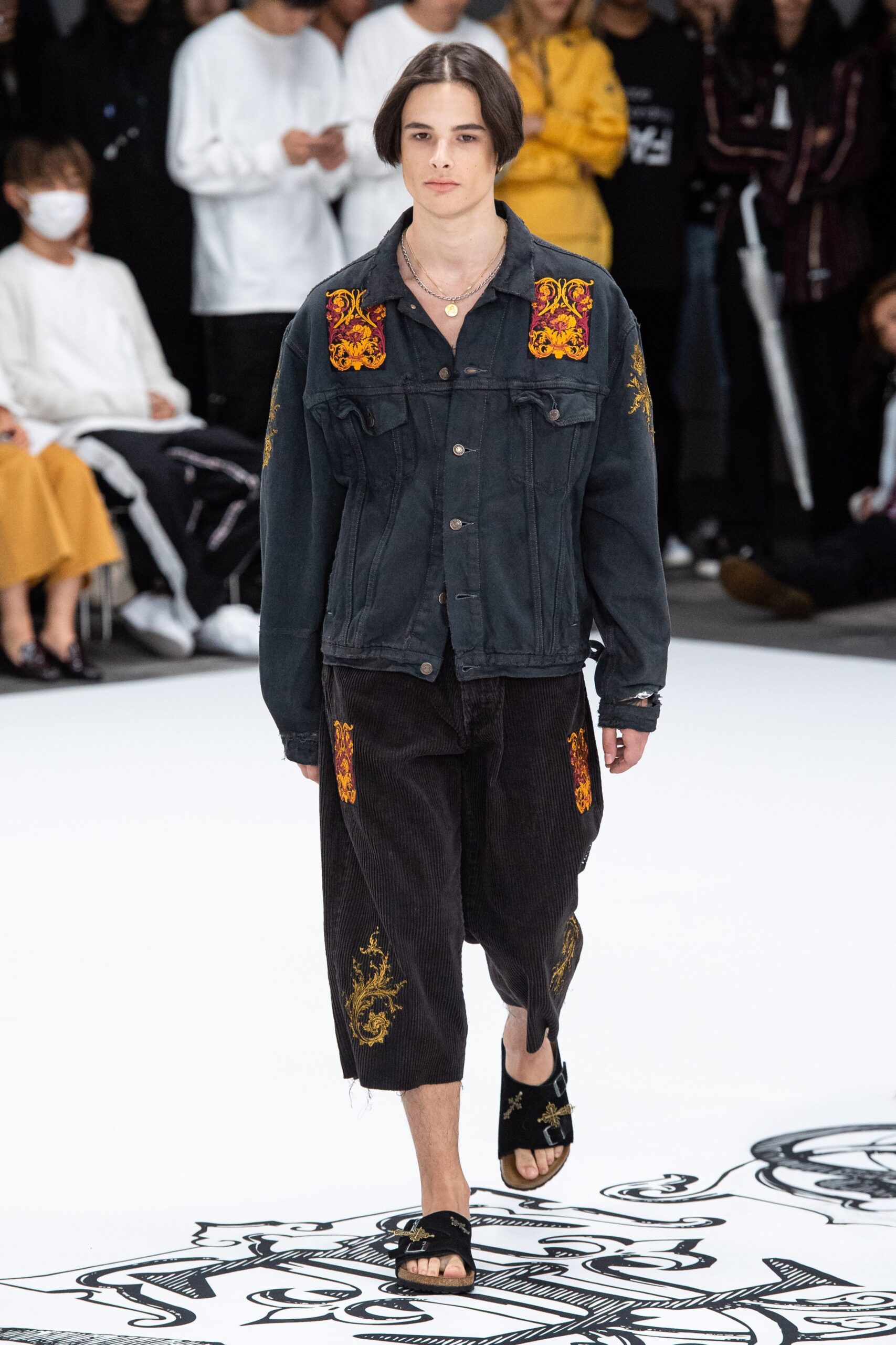 embroidered black denim trucker jacket
