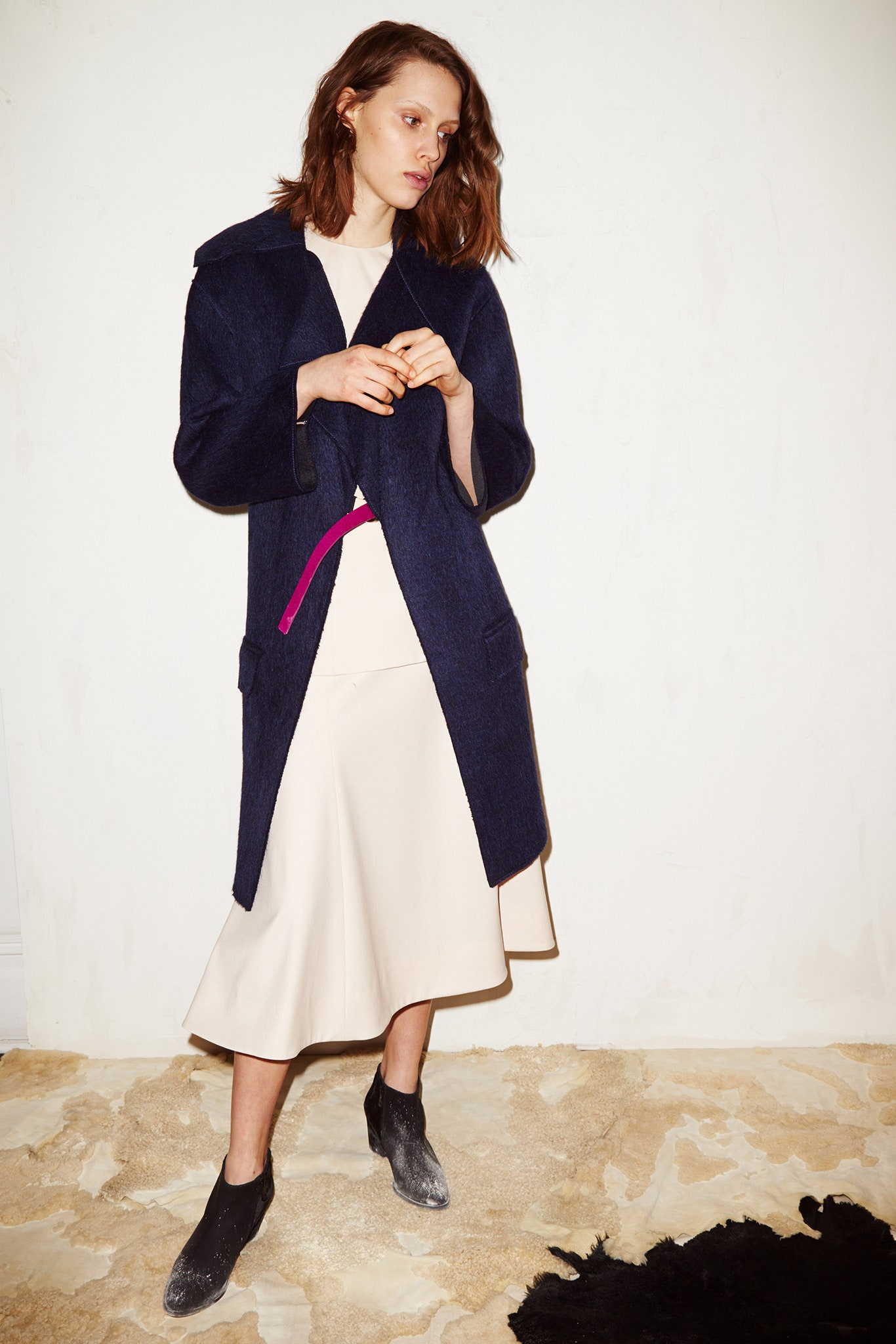 navy open-front wool coat