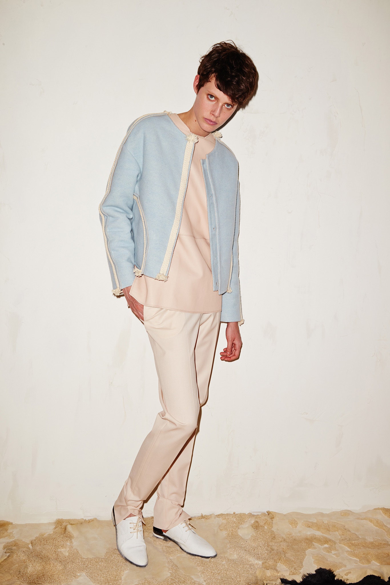 cropped blue raw-edge jacket