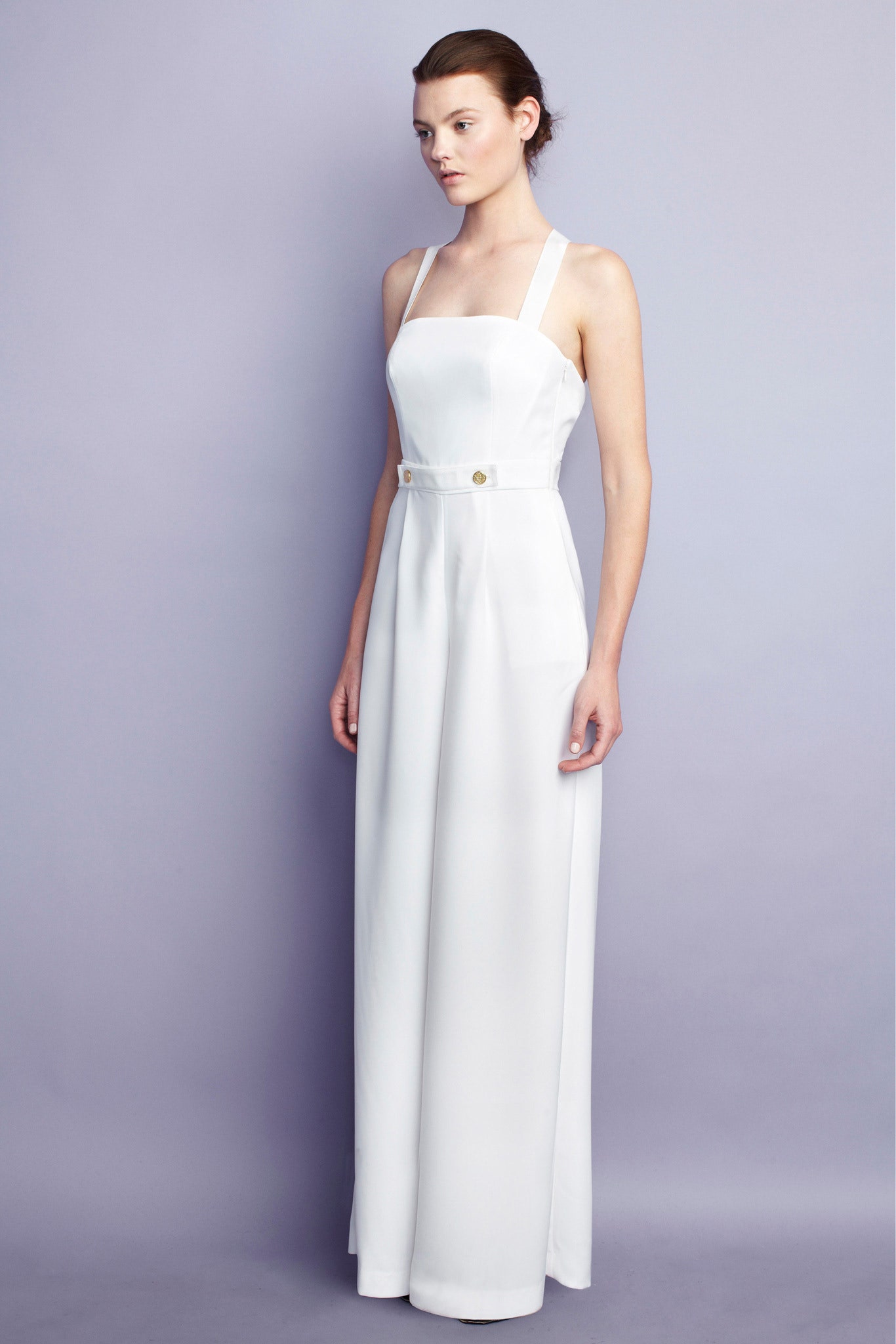 white wide-leg belted jumpsuit