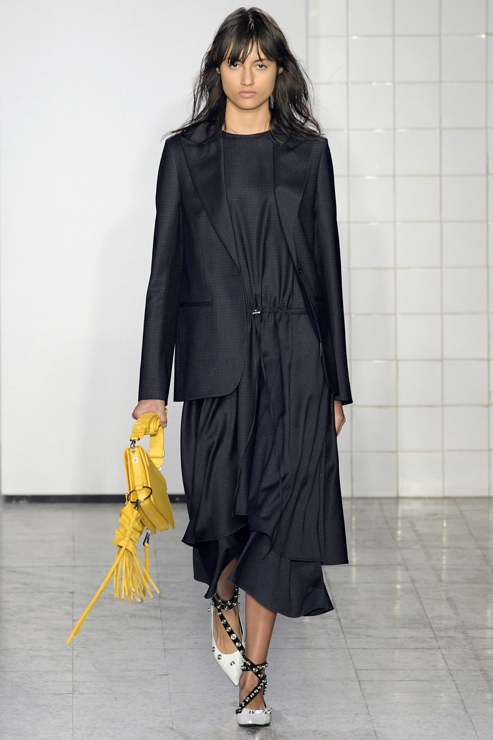 asymmetric black draped midi dress