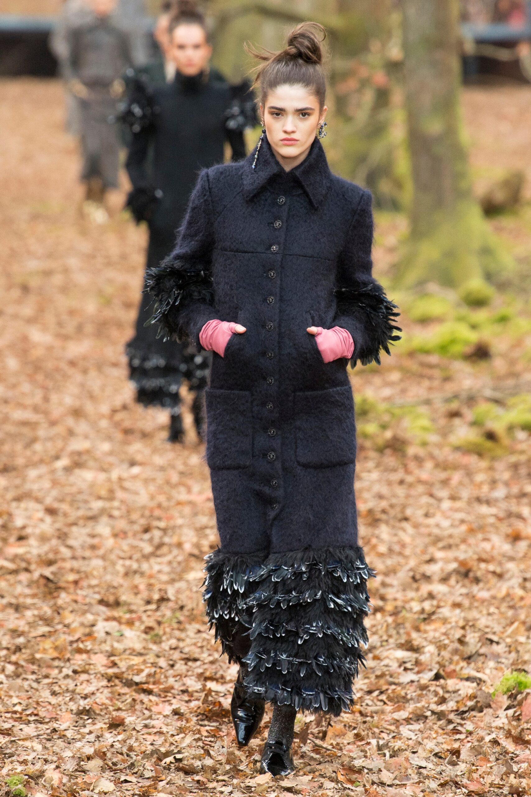 black wool long-sleeve collared structured buttoned feathered maxi-dress