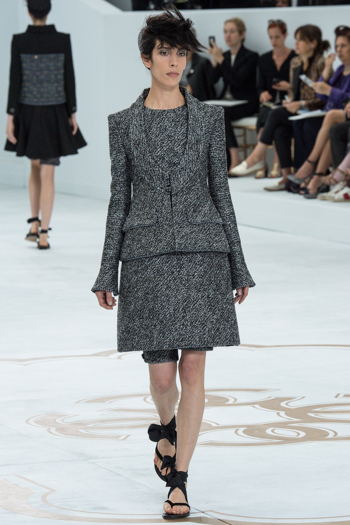 black tweed long-sleeve high-neck structured flared buttoned jacket