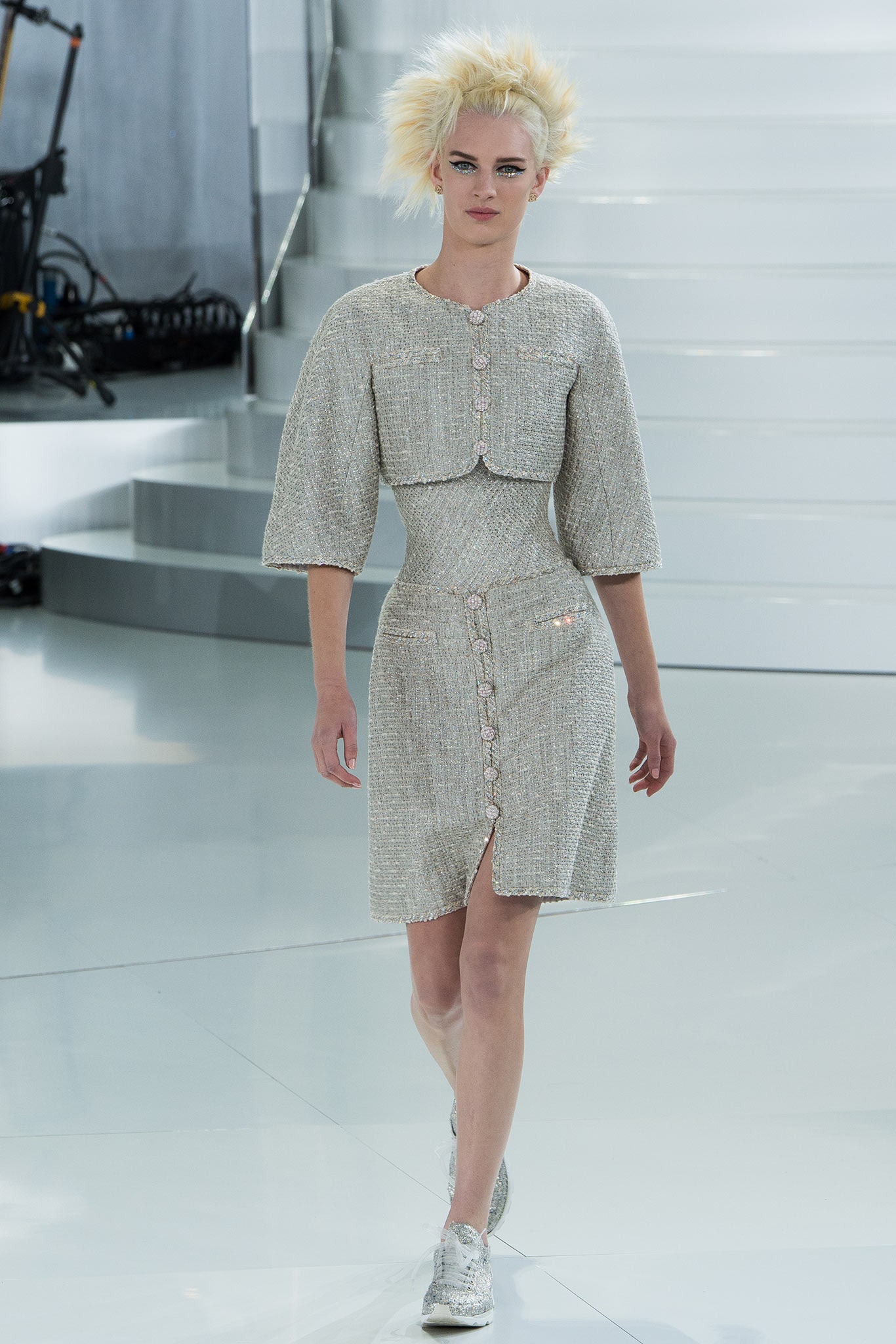 ivory tweed high-neck slit fitted buttoned textured midi-dress