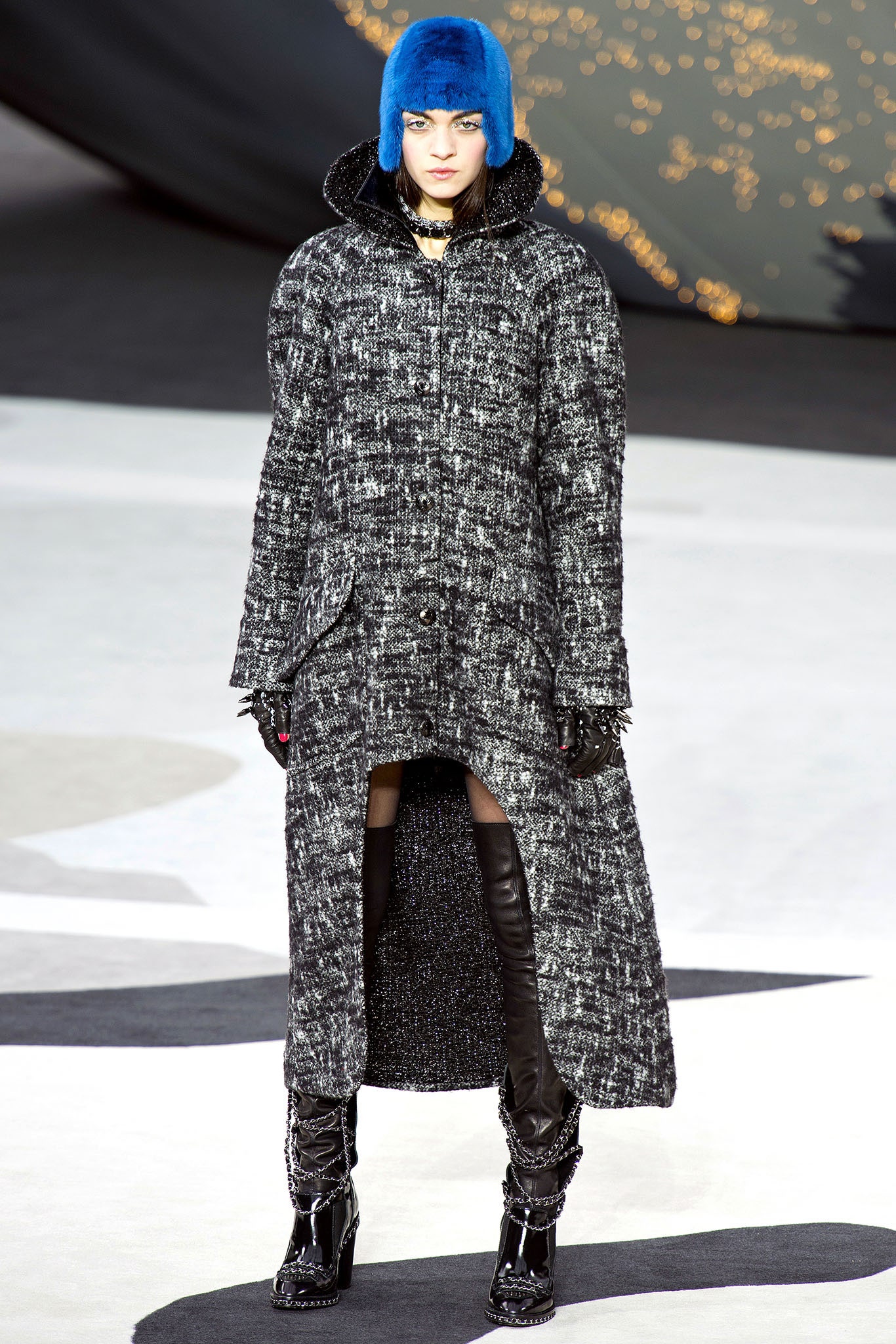 black tweed long-sleeve high-neck structured buttoned checked coat