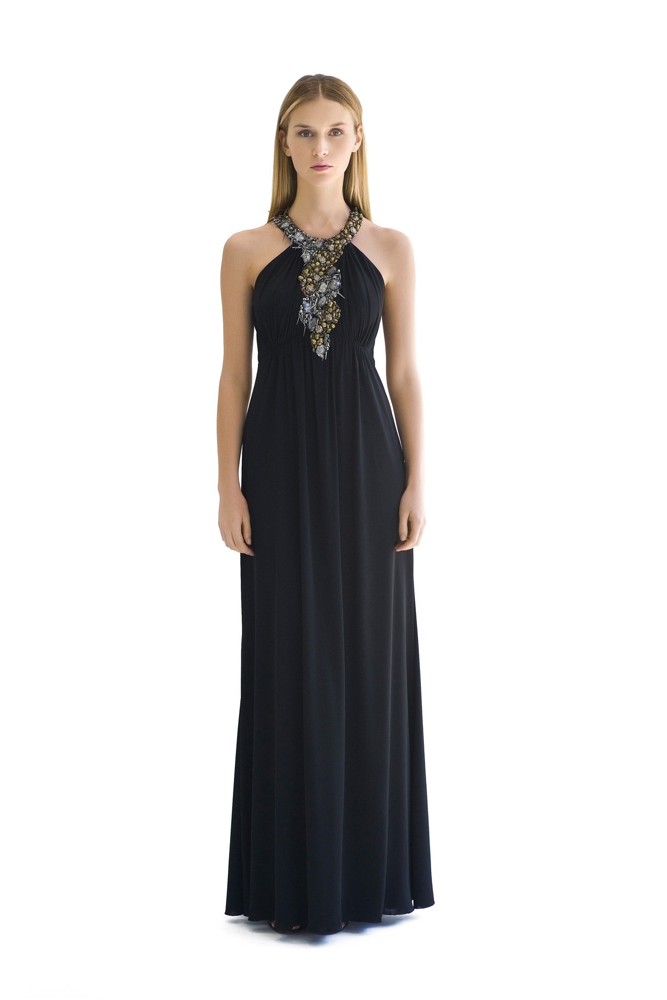 black halter evening gown with jeweled neckline