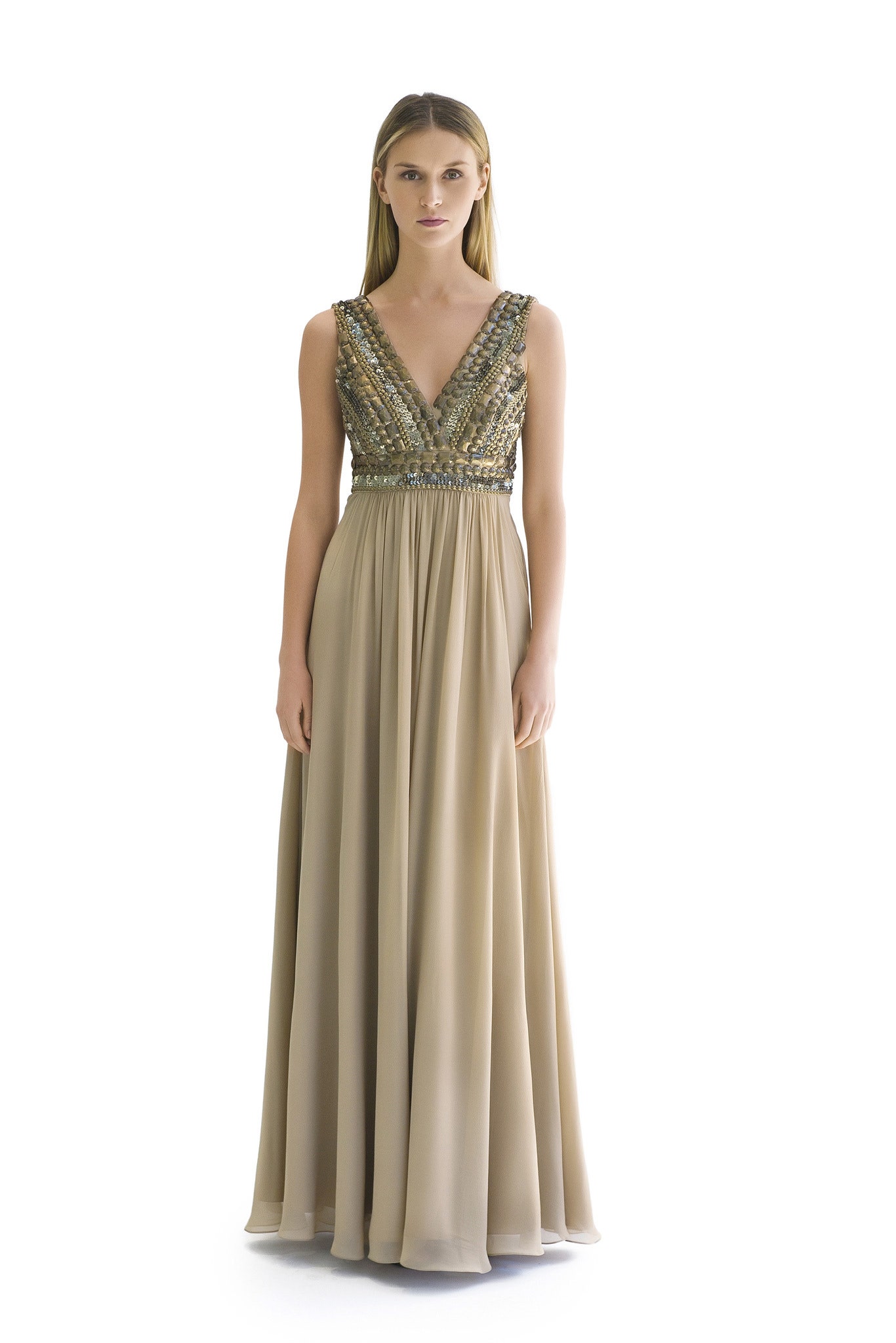 embellished empire-waist chiffon evening gown