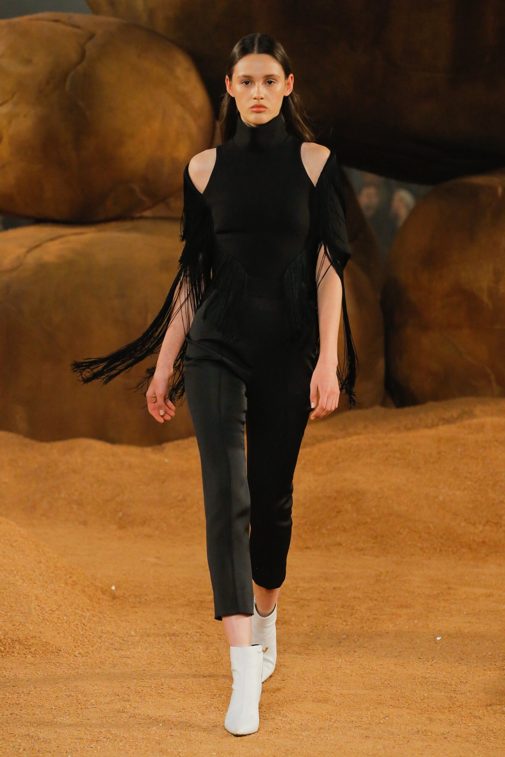 black fringed cold-shoulder jumpsuit