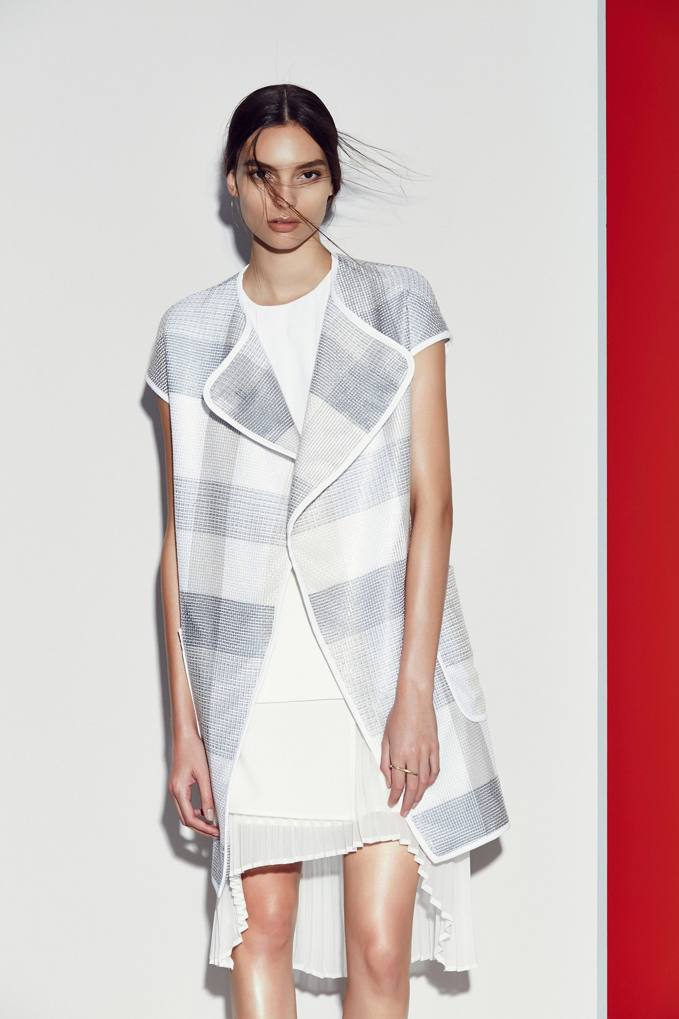 checked draped lapel long vest