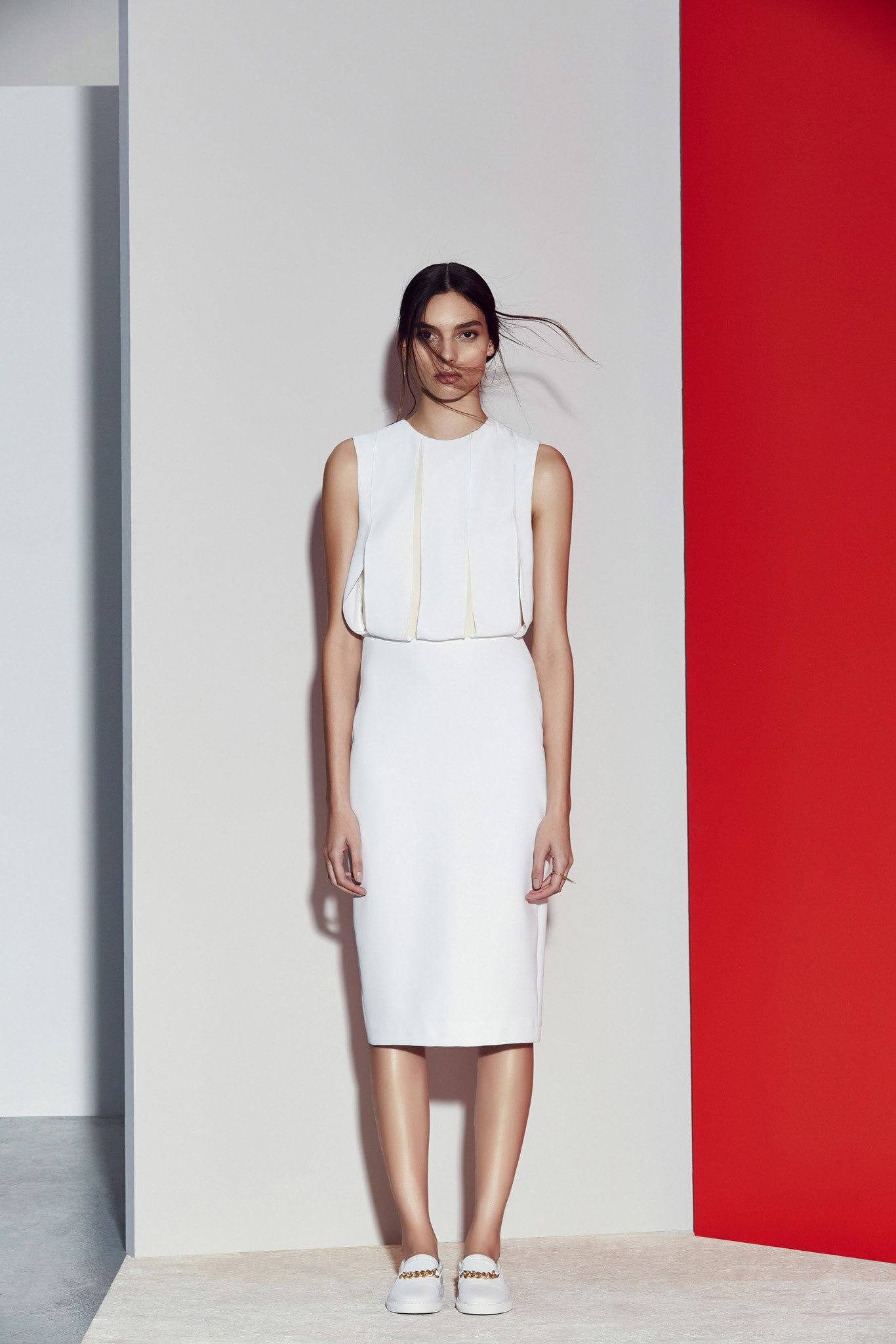 white crepe sleeveless high-neck structured draped midi midi-dress