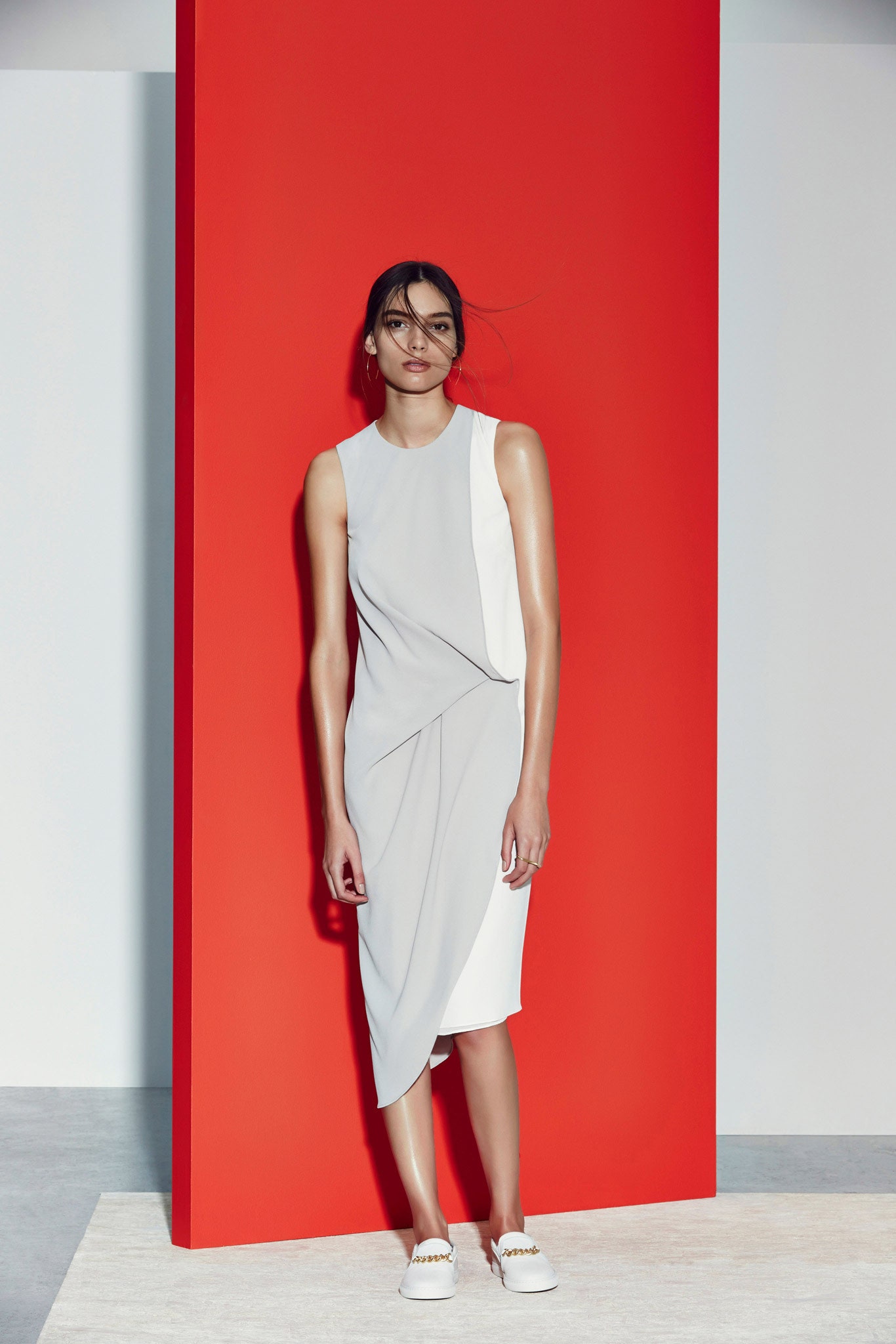 white crepe sleeveless high-neck draped flowing midi midi-dress