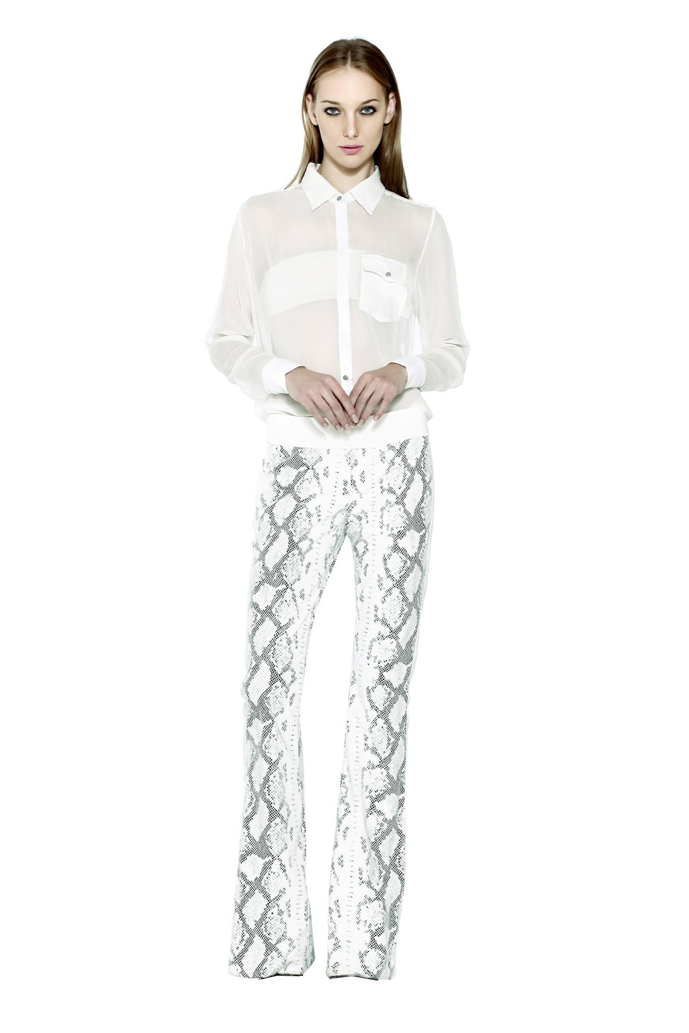 white python-print flared pants