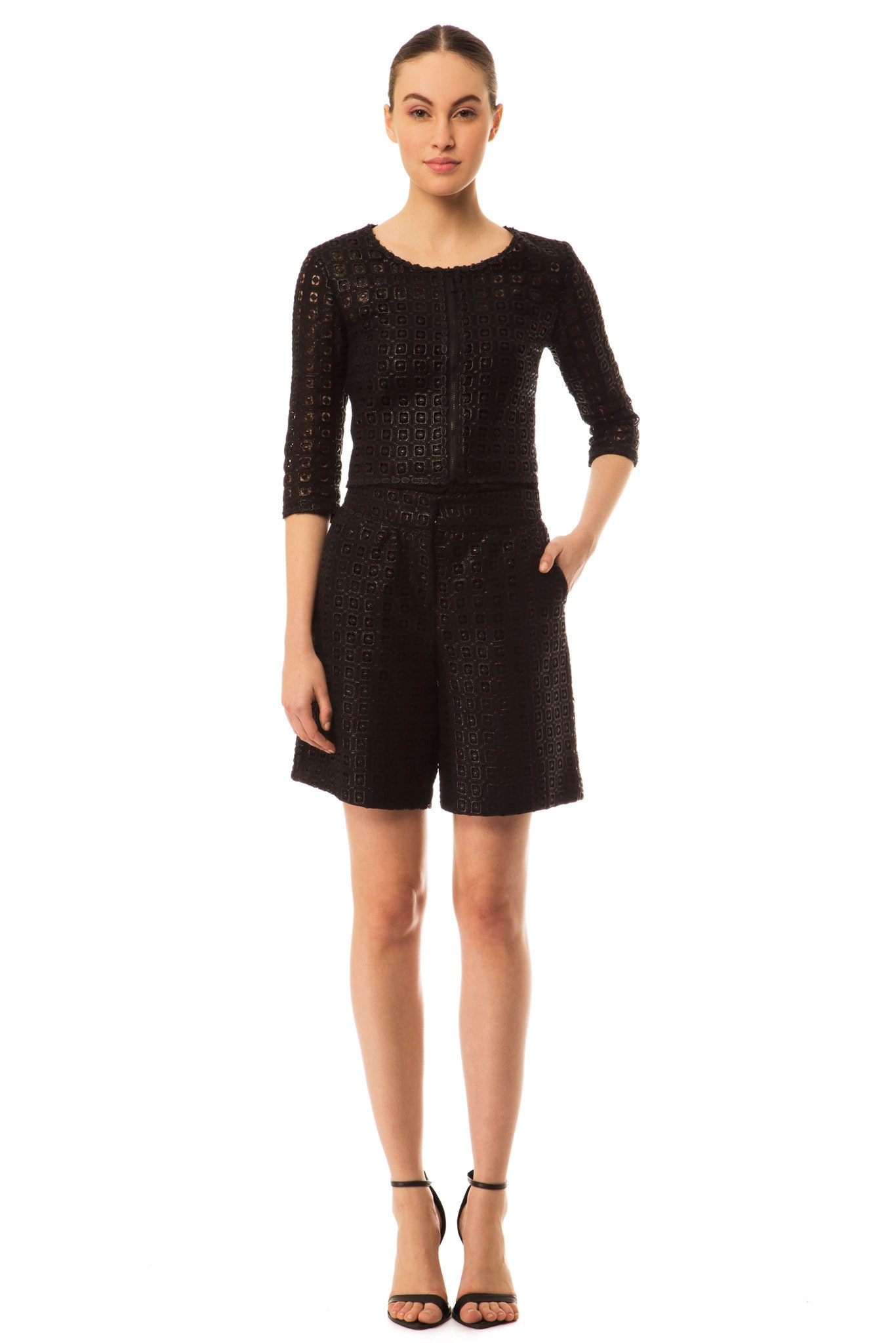 textured cropped jacket and shorts set