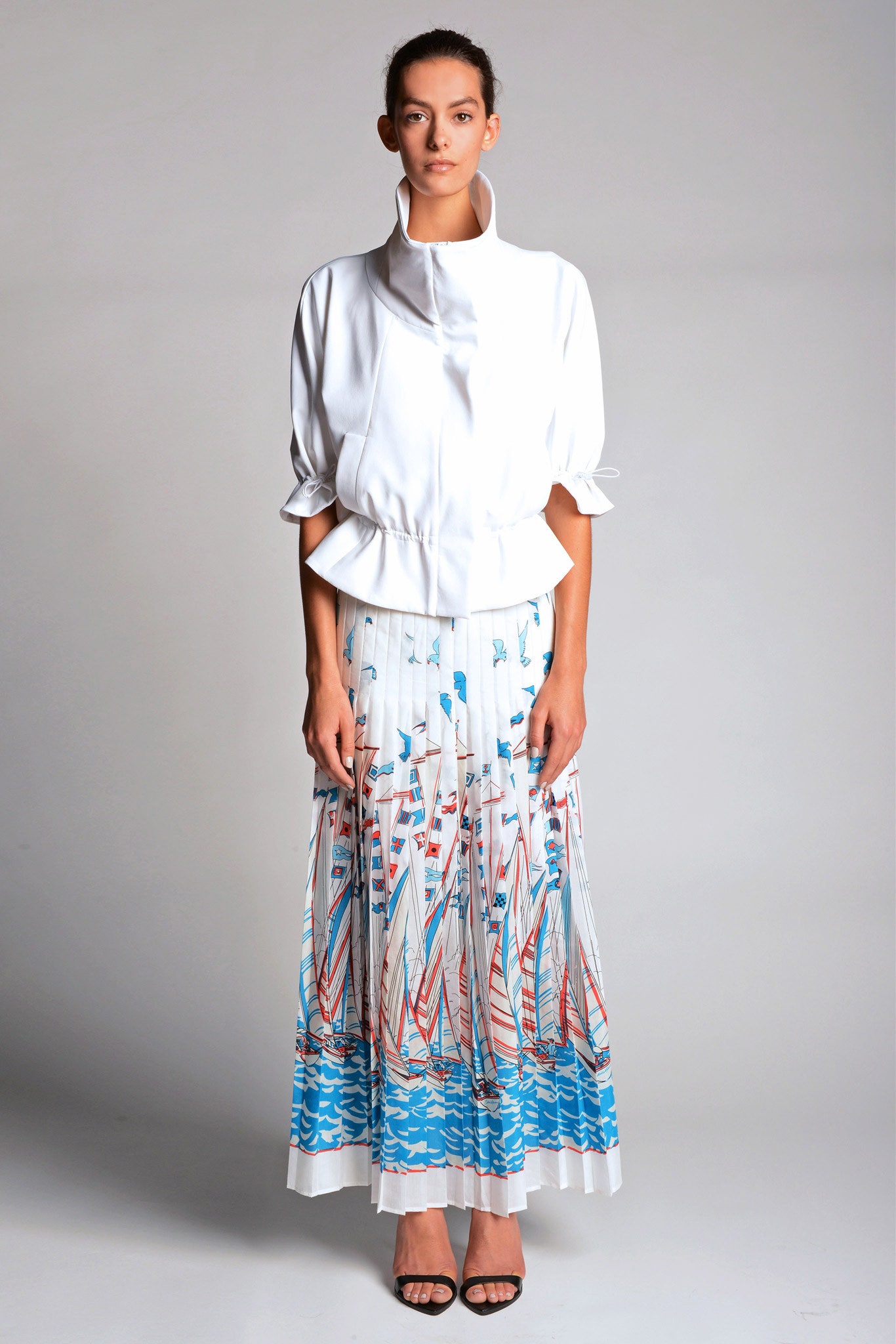 nautical sailboat print pleated maxi skirt