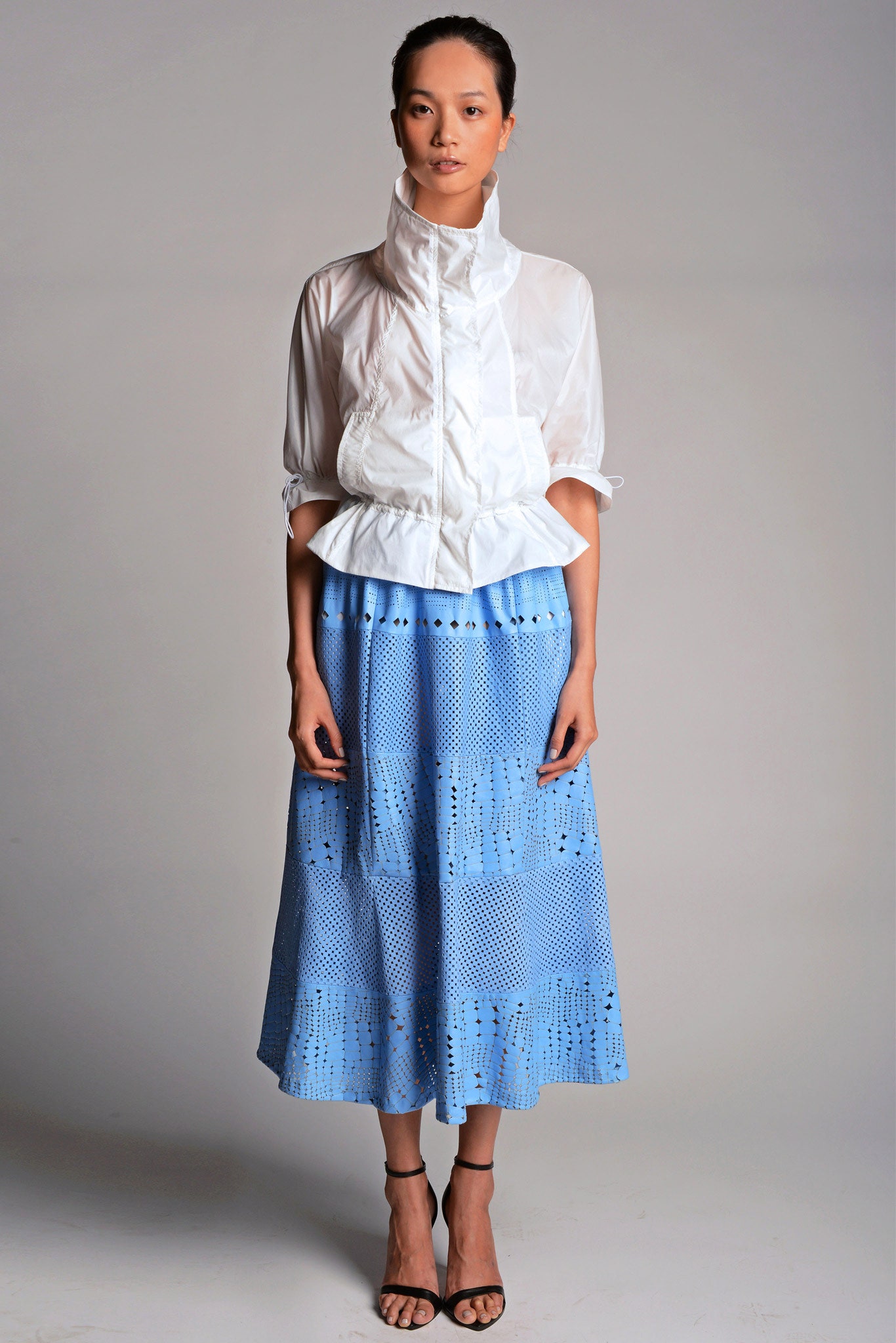blue laser-cut midi skirt