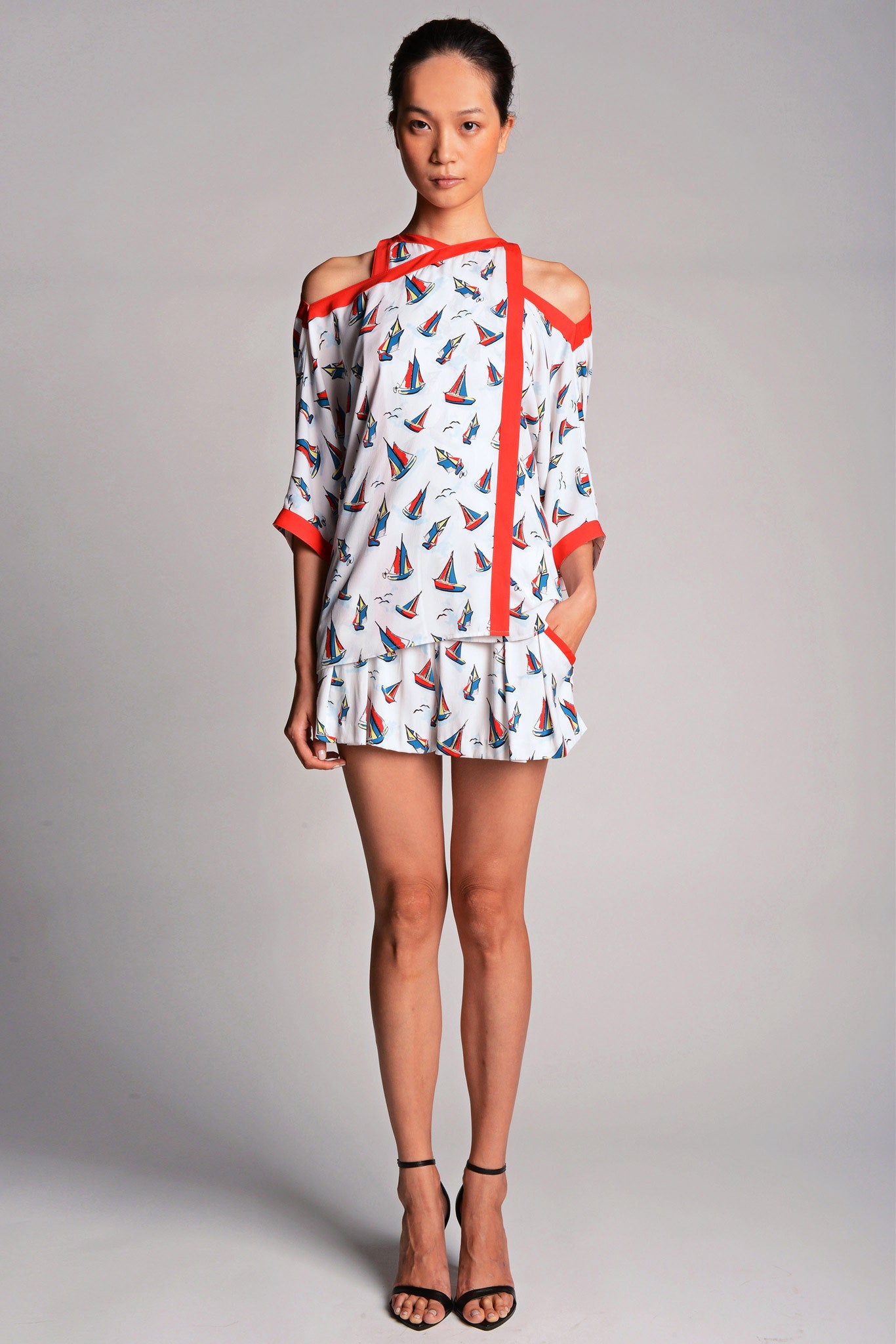 sailboat print cutout blouse