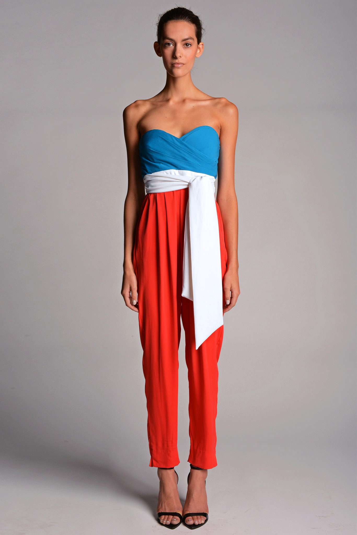 color-block strapless jumpsuit with sash