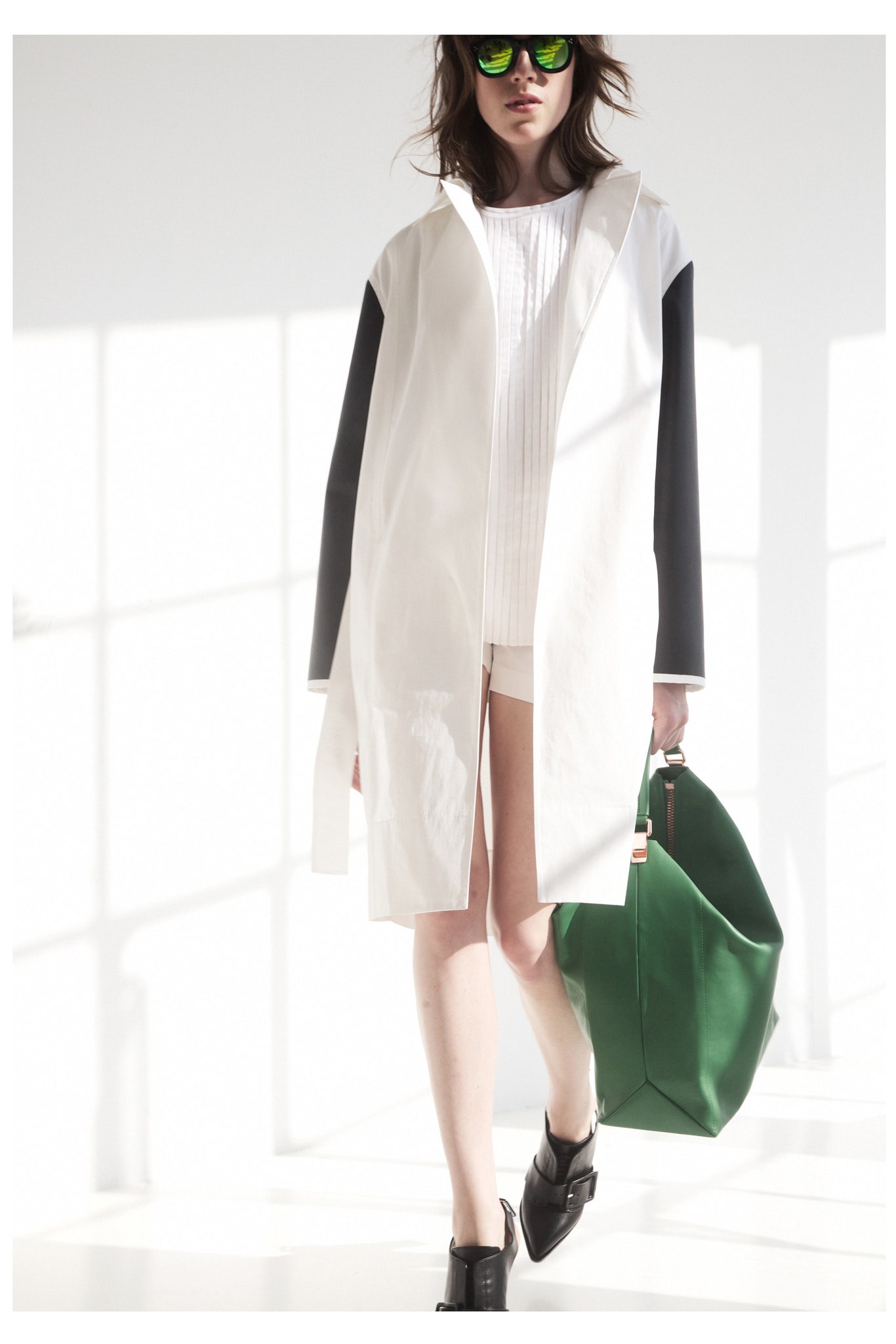 white color-blocked open-front coat