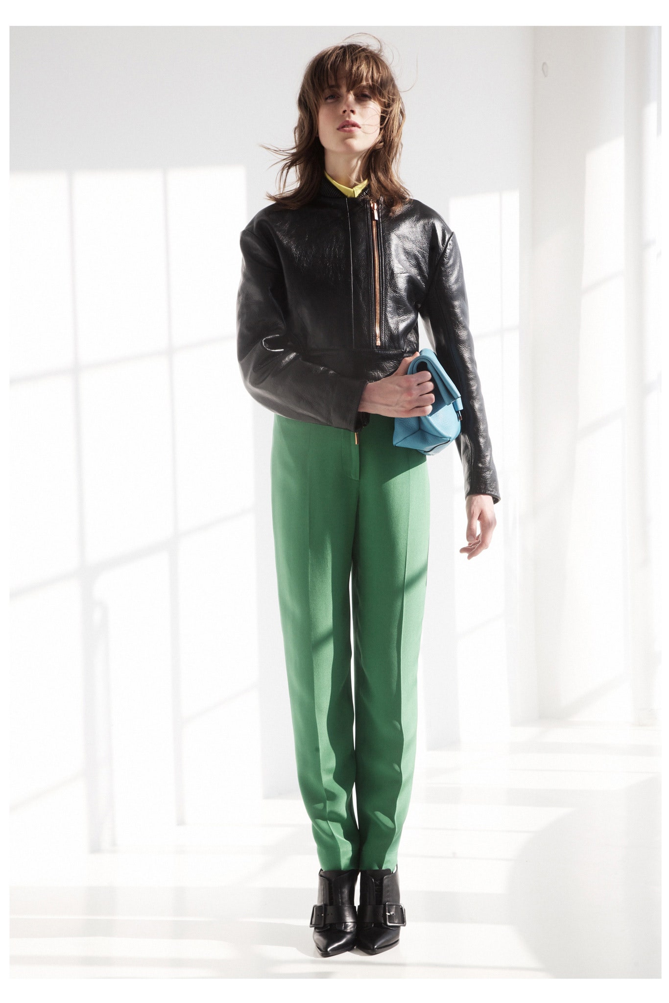 cropped black leather bomber jacket