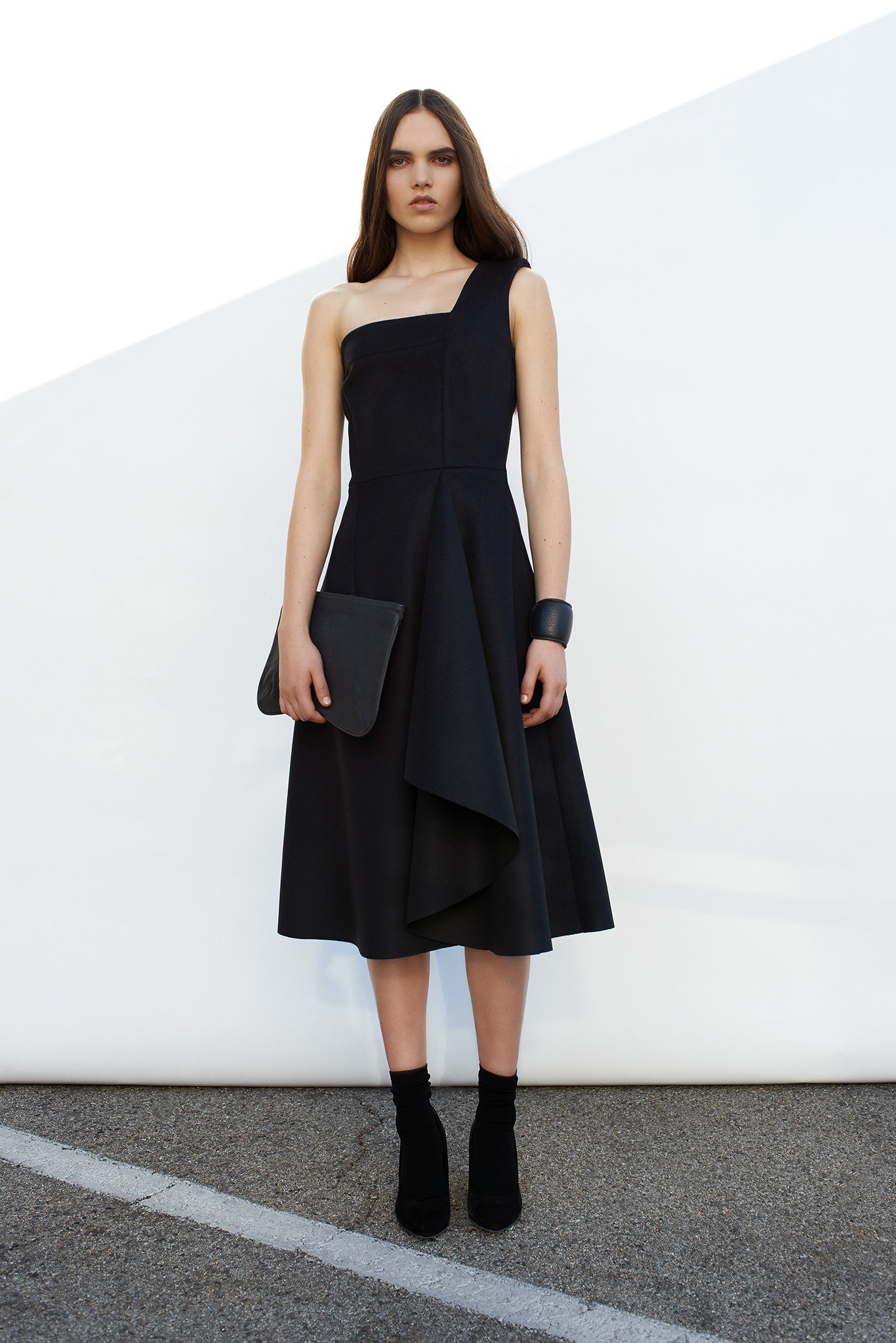 one-shoulder black draped midi dress