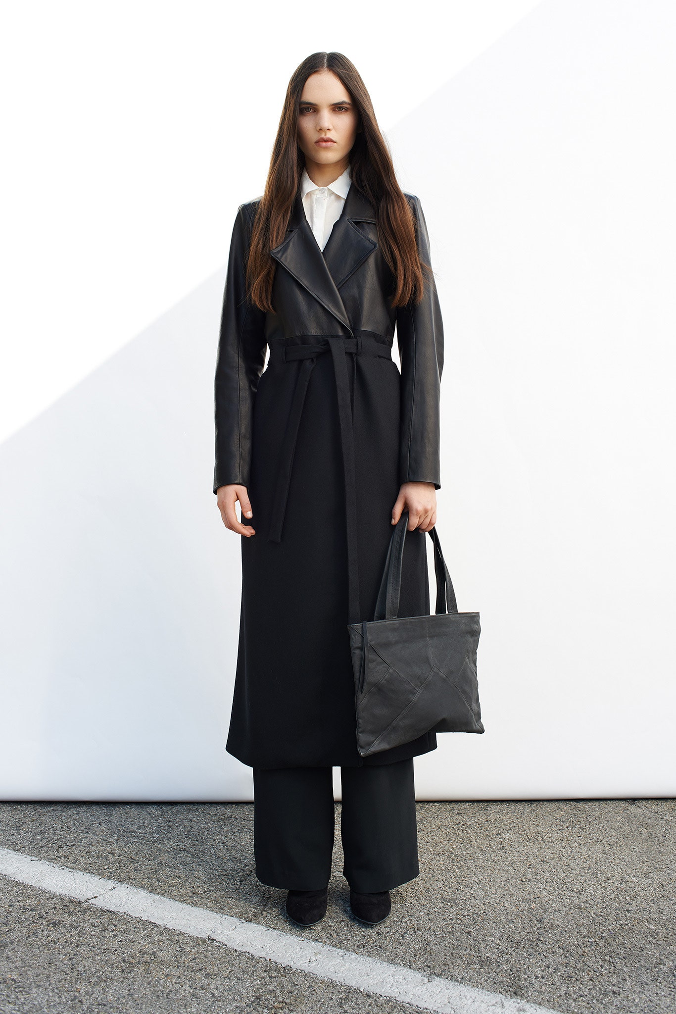 black mixed-media wrap coat