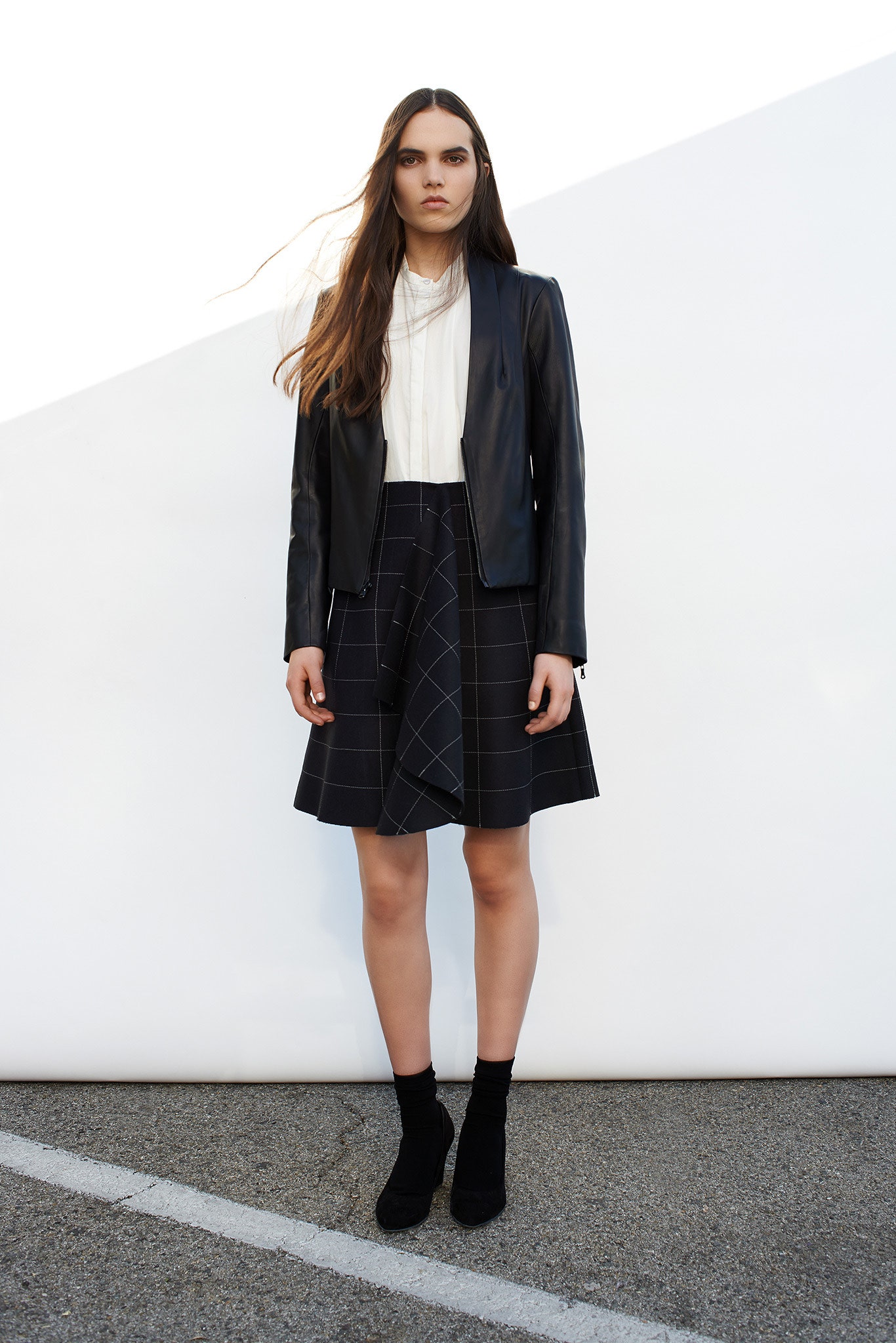black leather collarless moto jacket