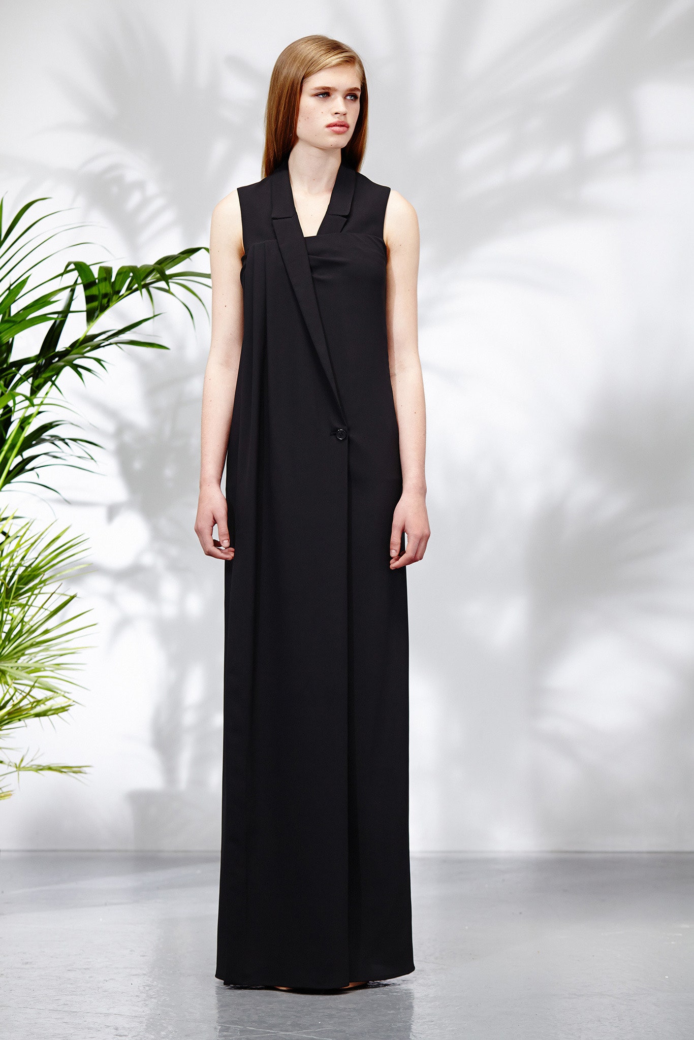 black asymmetric lapel-front jumpsuit