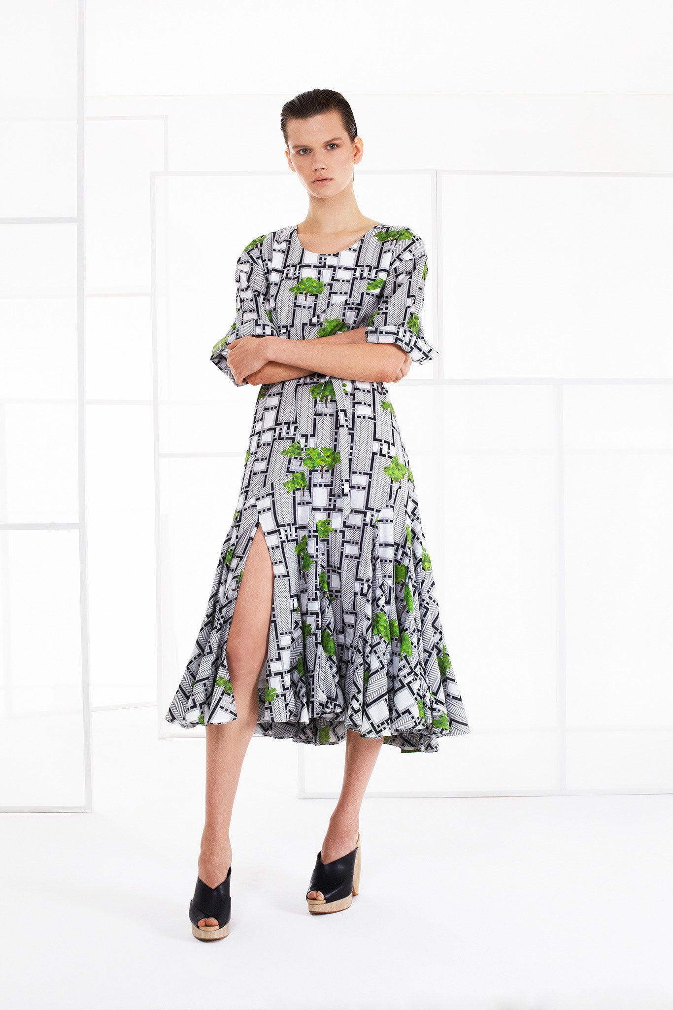 architectural print midi dress
