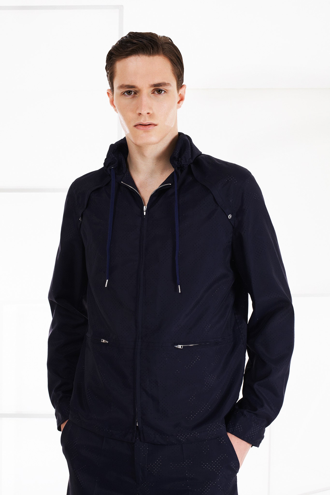 perforated hooded zip-front jacket