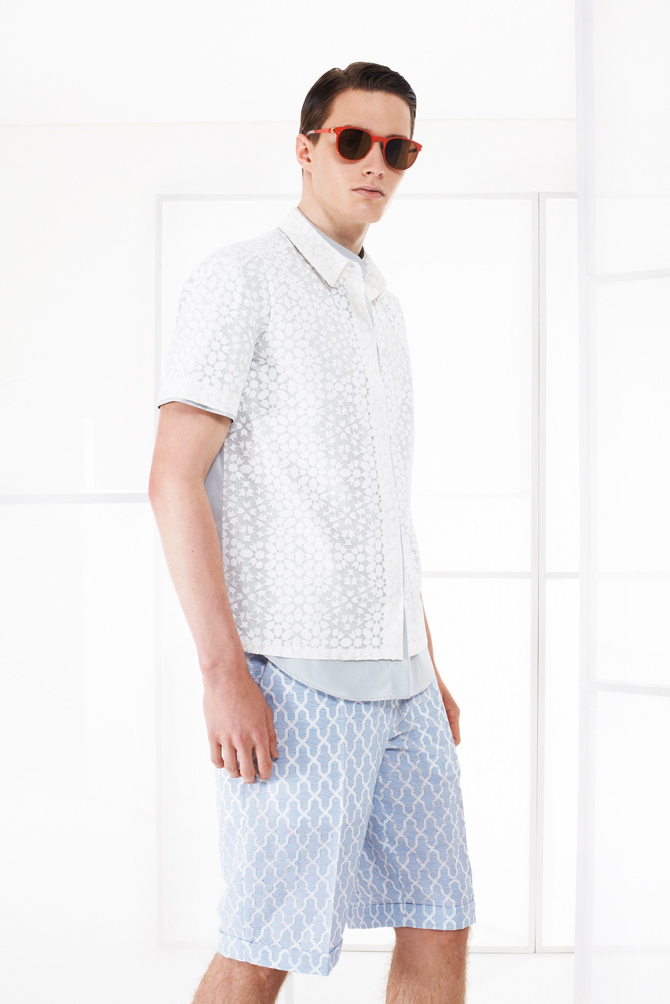 white geometric print short-sleeve shirt