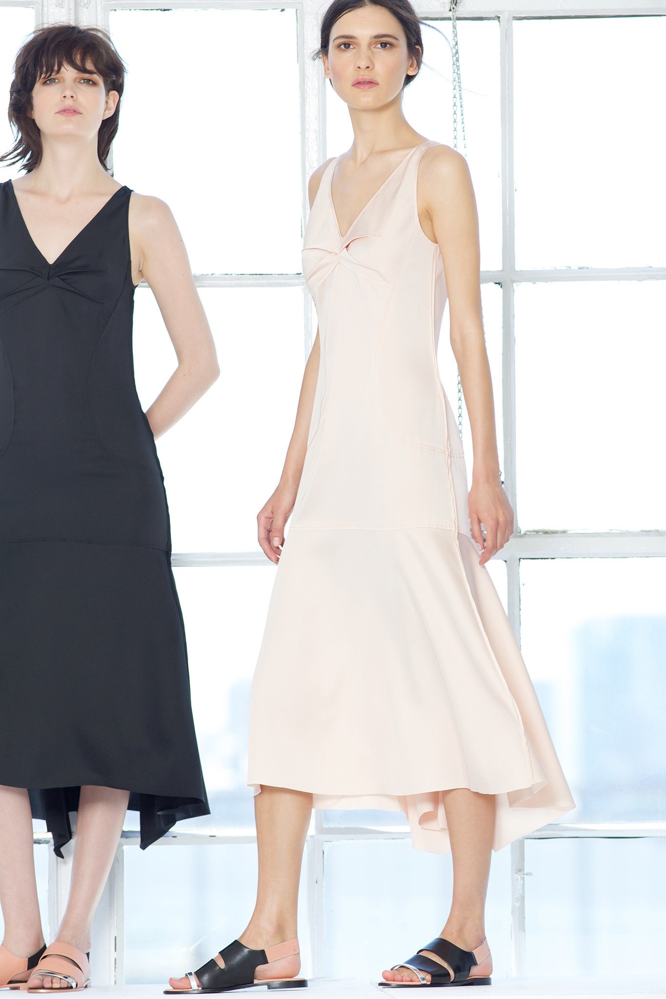 ivory satin sleeveless v-neck knotted draped midi-dress